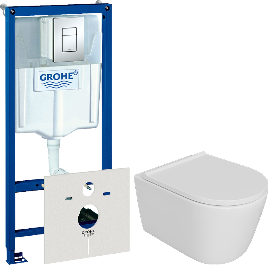 Комплект 5 в 1: Инсталляция Grohe Rapid SL 38775001 + Унитаз подвесной DIWO Архангельск 0800 + Сиденье с микролифтом + Кнопка хром + Комплект шумоизоляции, креплений