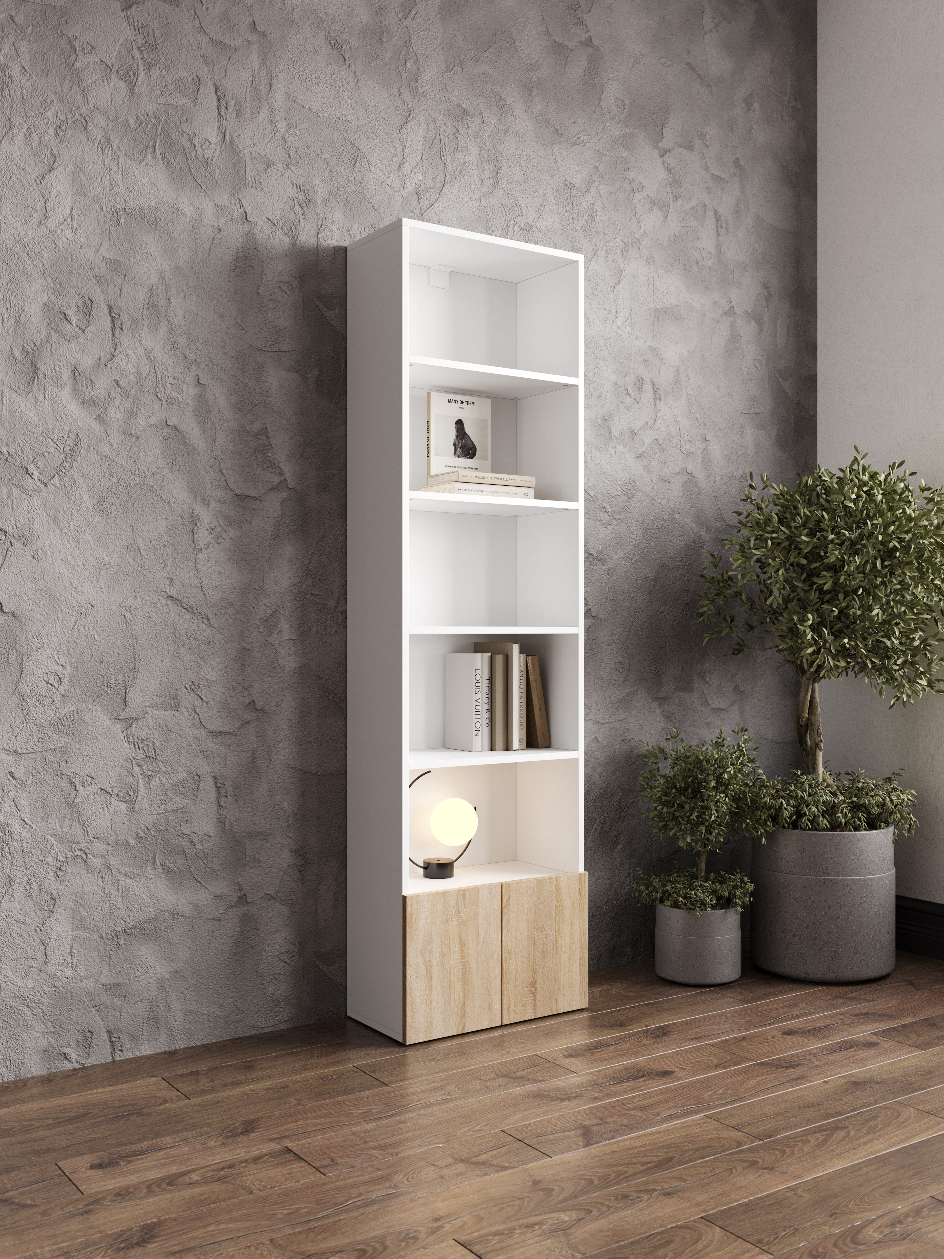 Стеллаж DIWO Коломна 50 с 2 дверцами, 50х177х26 см, белый, дуб сонома