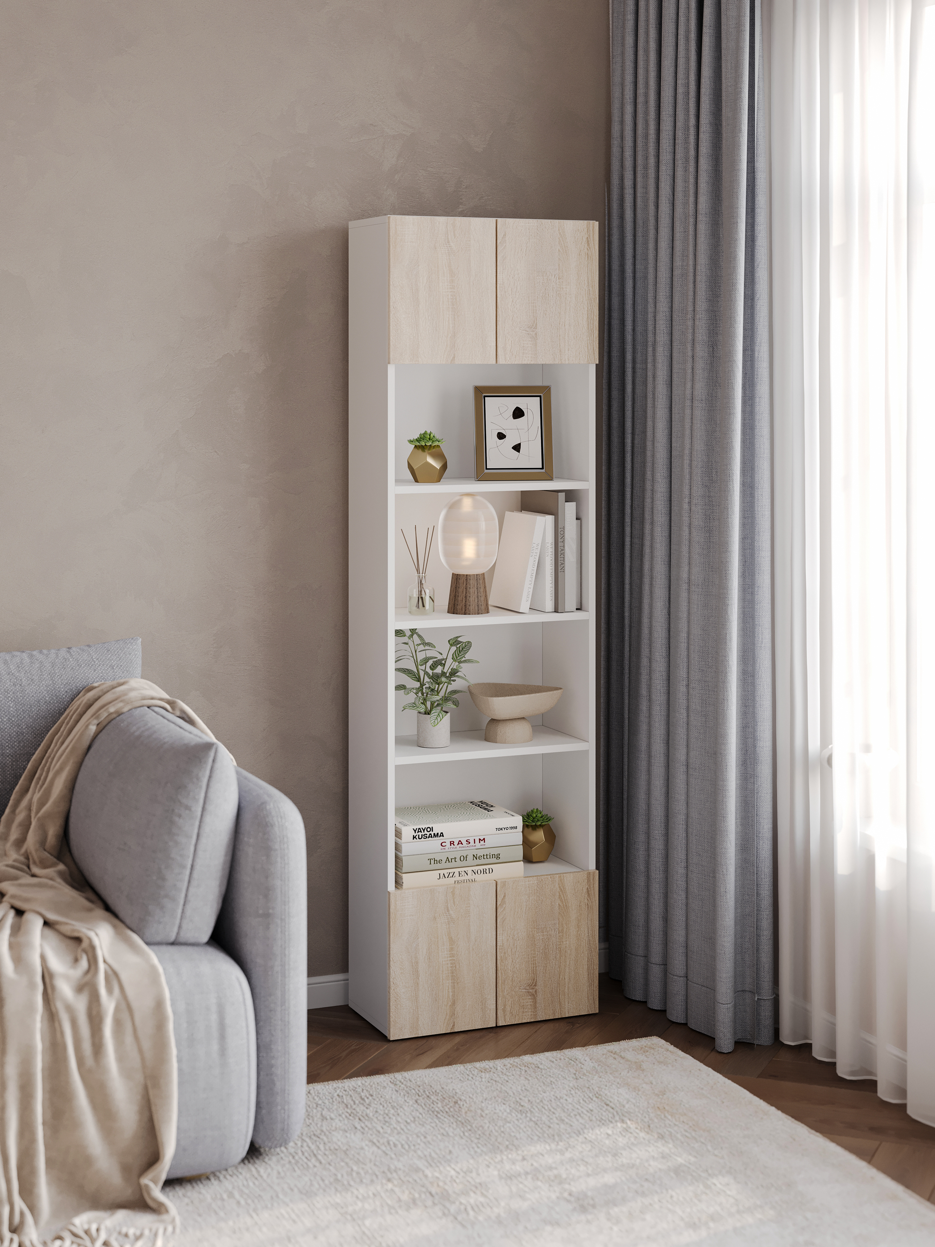 Стеллаж DIWO Коломна 50 с 4 дверцами, 50х177х26 см, белый, дуб сонома