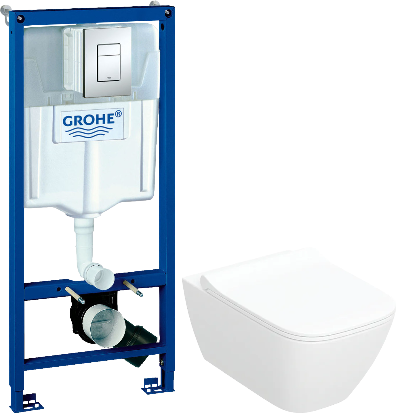 Комплект 2 в 1 Унитаз подвесной Geberit Smyle Square 500.685.01.1 + Инсталляция с кнопкой Grohe Rapid SL 38772001 цвет хром