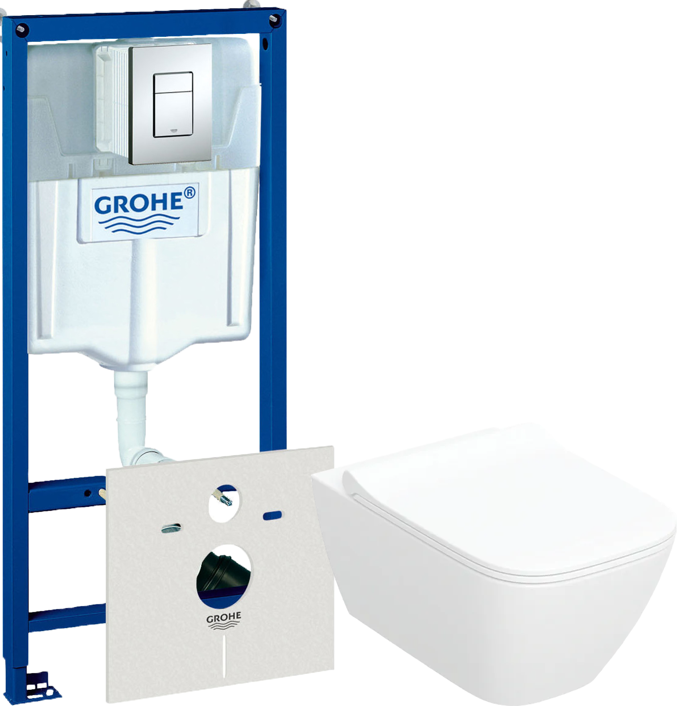 Комплект 2 в 1 Унитаз подвесной Geberit Smyle Square 500.685.01.1 + Инсталляция с кнопкой Grohe Rapid SL 38775001 цвет хром