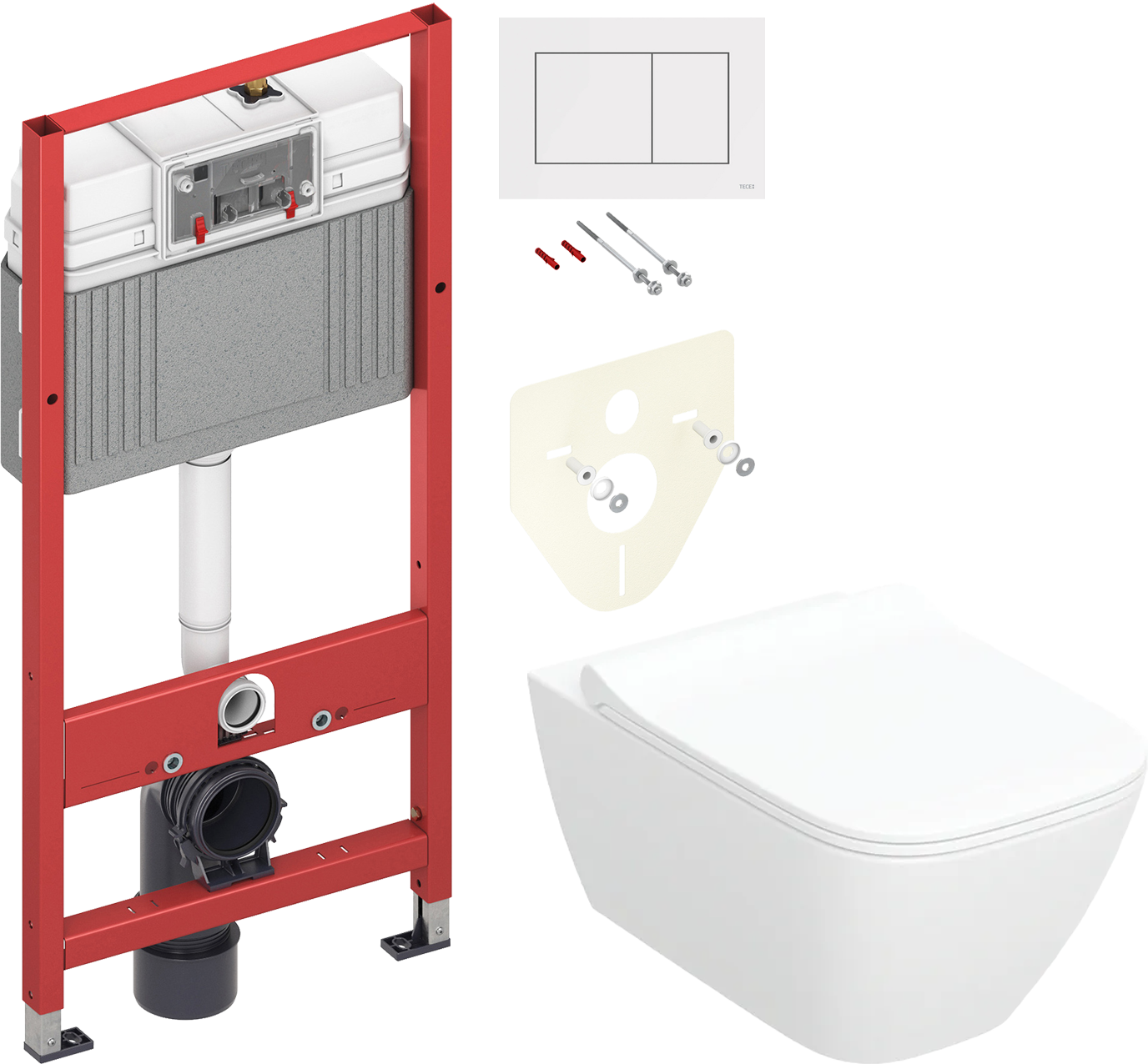 Комплект 2 в 1 Унитаз подвесной Geberit Smyle Square 500.685.01.1 + Инсталляция с кнопкой TECE Base 9400413 цвет белый