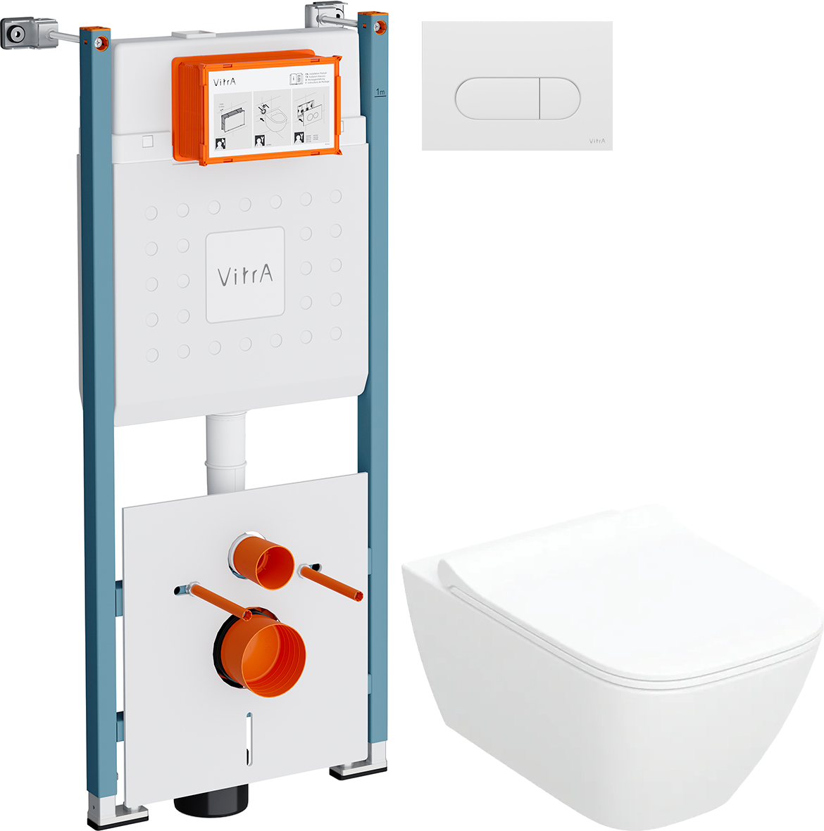 Комплект 3 в 1 Унитаз подвесной Geberit Smyle Square 500.685.01.1 + Инсталляция VitrA V-Fix Core 732-5800-01PV + Кнопка Root Round 740-2200 цвет глянцевый белый