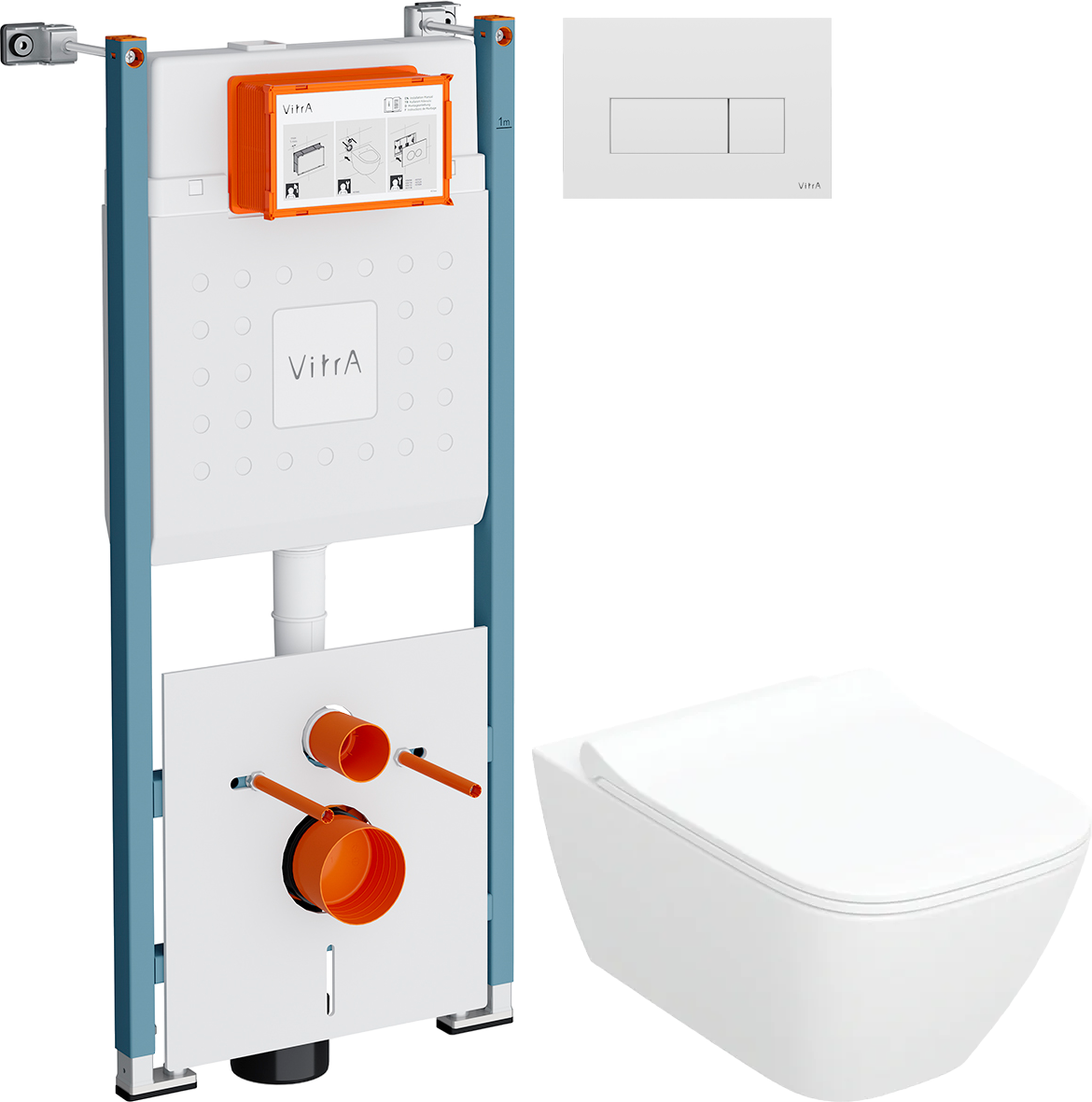 Комплект 3 в 1 Унитаз подвесной Geberit Smyle Square 500.685.01.1 + Инсталляция VitrA V-Fix Core 732-5800-01PV + Кнопка Root Square 740-2300 цвет глянцевый белый