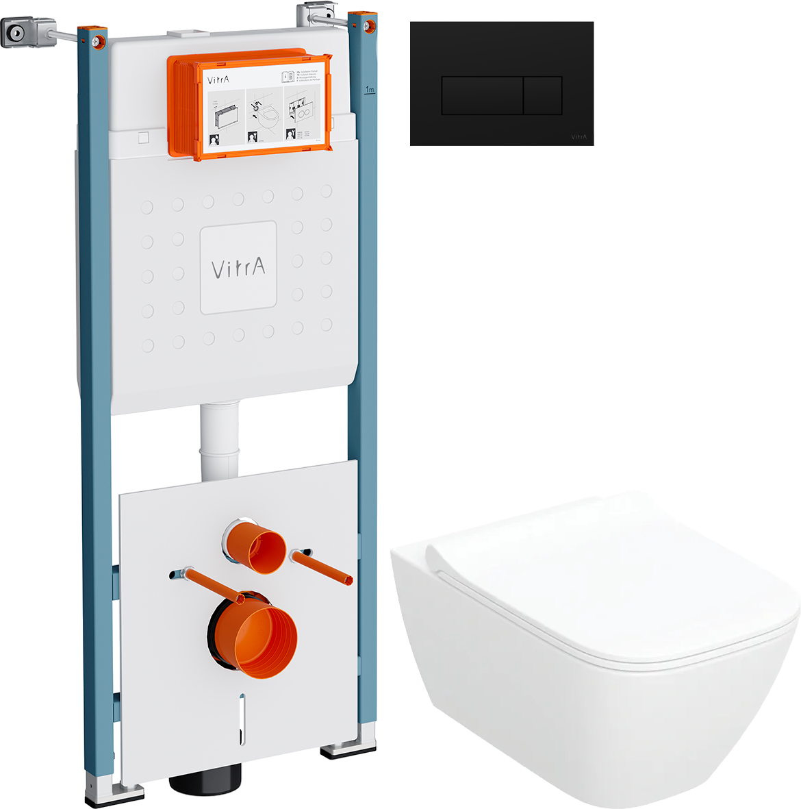 Комплект 3 в 1 Унитаз подвесной Geberit Smyle Square 500.685.01.1 + Инсталляция VitrA V-Fix Core 732-5800-01PV + Кнопка Root Square 740-2311 цвет матовый черный