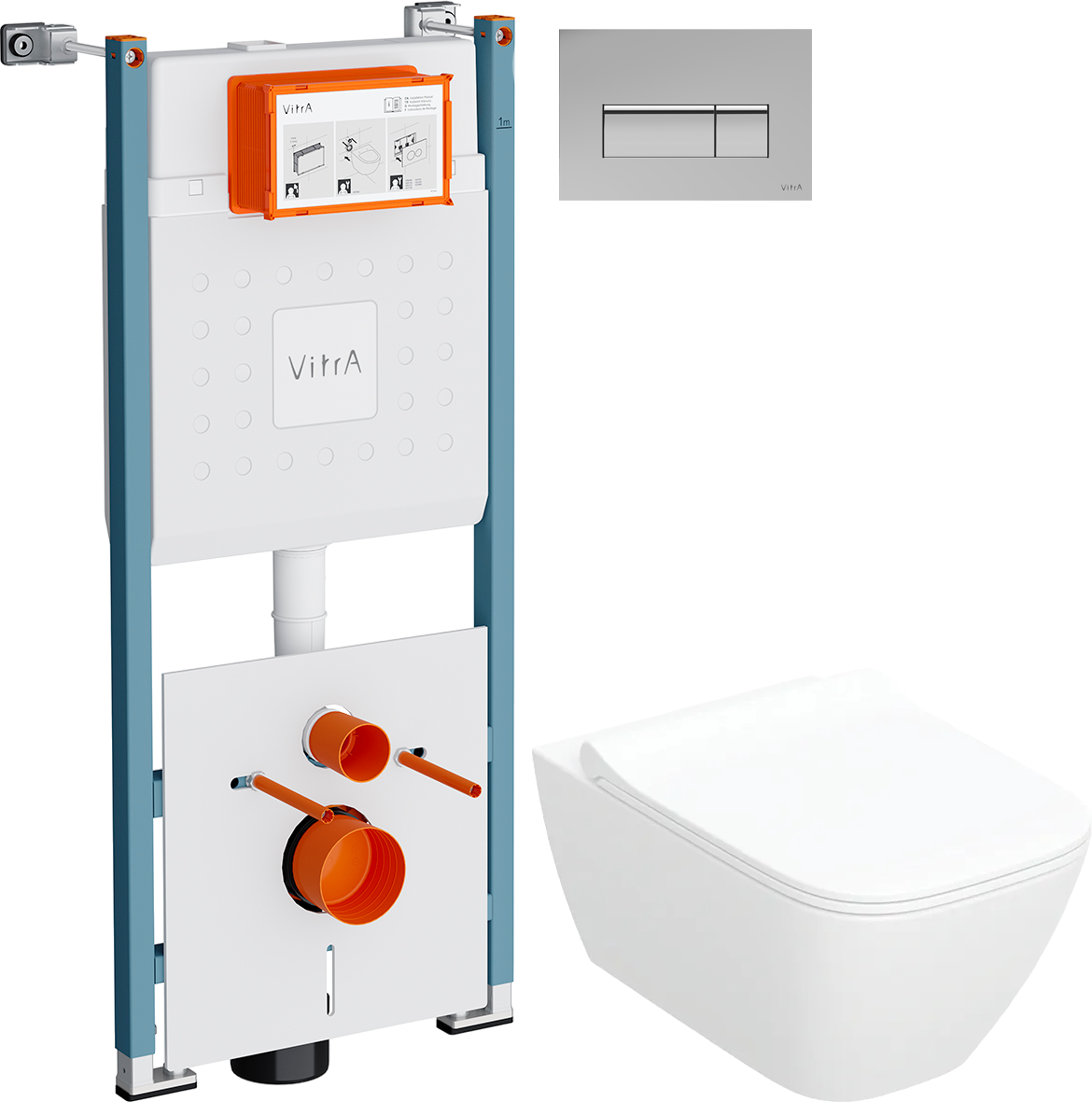 Комплект 3 в 1 Унитаз подвесной Geberit Smyle Square 500.685.01.1 + Инсталляция VitrA V-Fix Core 732-5800-01PV + Кнопка Root Square 740-2380 цвет хром