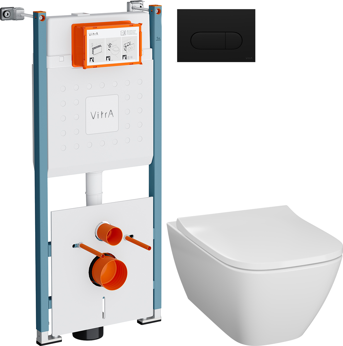 Комплект 3 в 1 Унитаз подвесной Geberit Smyle Square 500.683.01.1 + Инсталляция VitrA V-Fix Core 732-5800-01PV + Кнопка Root Round 740-2211 цвет матовый черный