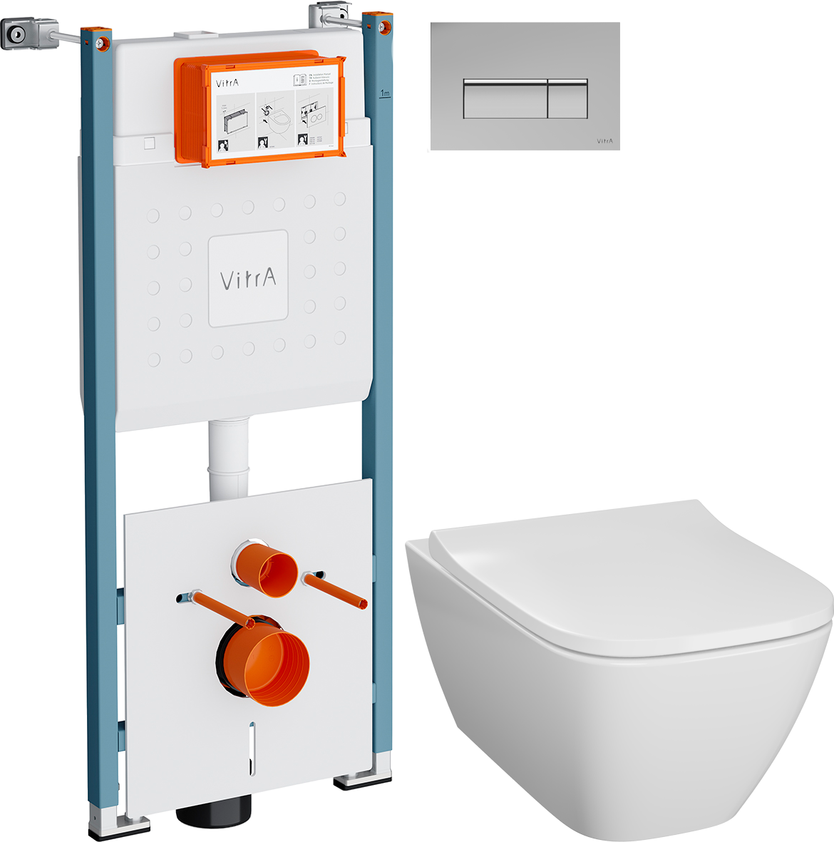 Комплект 3 в 1 Унитаз подвесной Geberit Smyle Square 500.683.01.1 + Инсталляция VitrA V-Fix Core 732-5800-01PV + Кнопка Root Square 740-2380 цвет хром