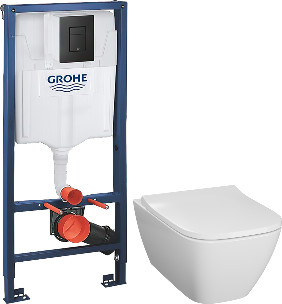 Комплект 2 в 1 Унитаз подвесной Geberit Smyle Square 500.683.01.1 + Инсталляция с кнопкой Grohe Solido 38811KF0 цвет черный