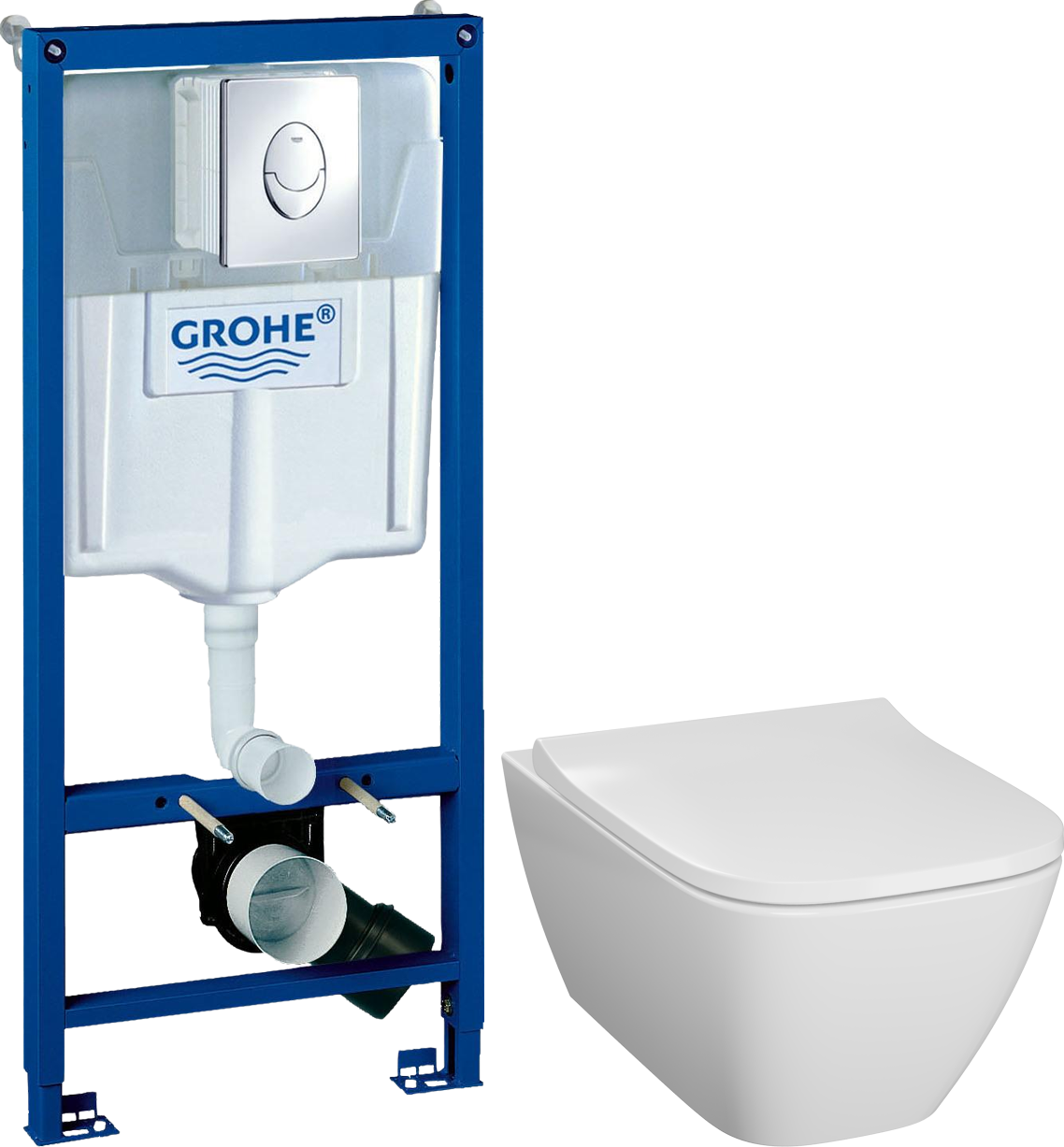 Комплект 2 в 1 Унитаз подвесной Geberit Smyle Square 500.683.01.1 + Инсталляция с кнопкой Grohe Rapid SL 38721001 цвет хром