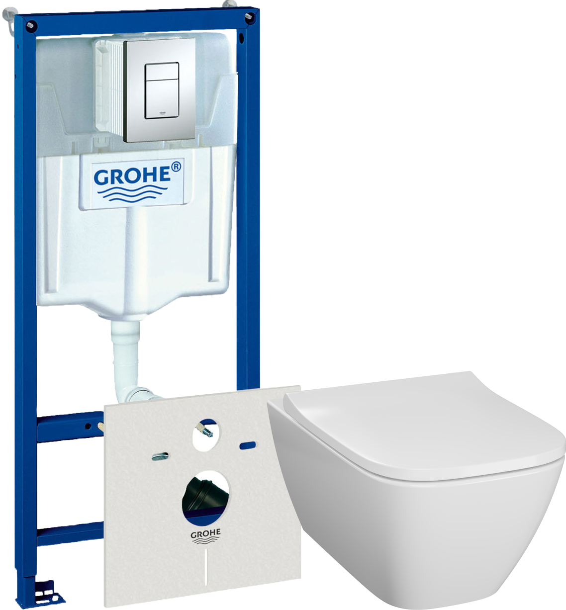 Комплект 2 в 1 Унитаз подвесной Geberit Smyle Square 500.683.01.1 + Инсталляция с кнопкой Grohe Rapid SL 38775001 цвет хром