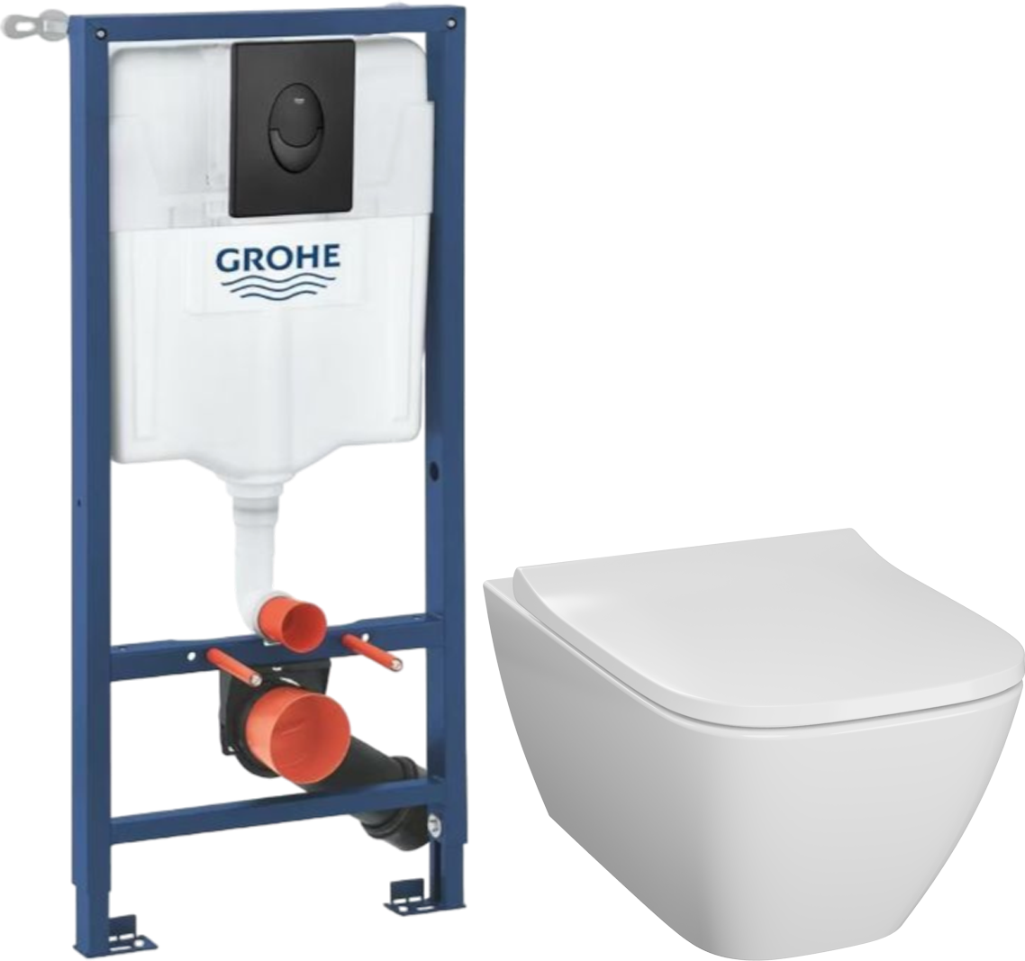Комплект 2 в 1 Унитаз подвесной Geberit Smyle Square 500.683.01.1 + Инсталляция с кнопкой Grohe Rapid SL 1000044 цвет черный