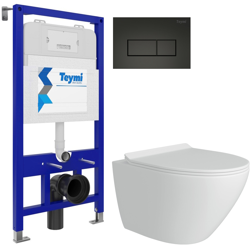 Комплект 3 в 1 Унитаз подвесной Teymi Lina Pro T40106 + Инсталляция Aina T70011 + Кнопка Helmi T70203BM цвет матовый черный