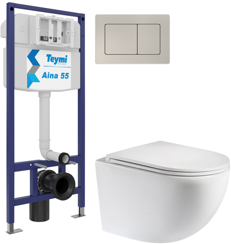Комплект 3 в 1 Унитаз подвесной Teymi Lina S T40102 + Инсталляция Aina 1220067 + Кнопка T70014 цвет сталь