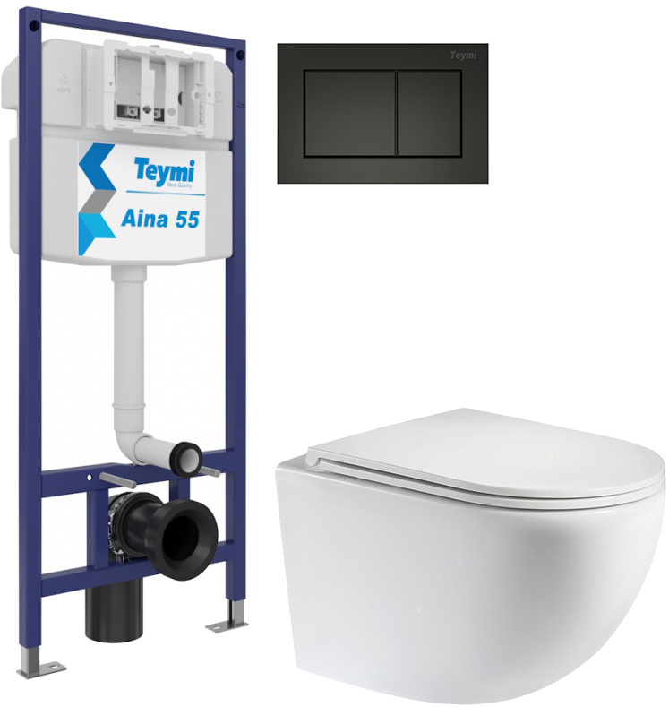 Комплект 3 в 1 Унитаз подвесной Teymi Lina S T40102 + Инсталляция Aina 1220067 + Кнопка T70013BM цвет матовый черный