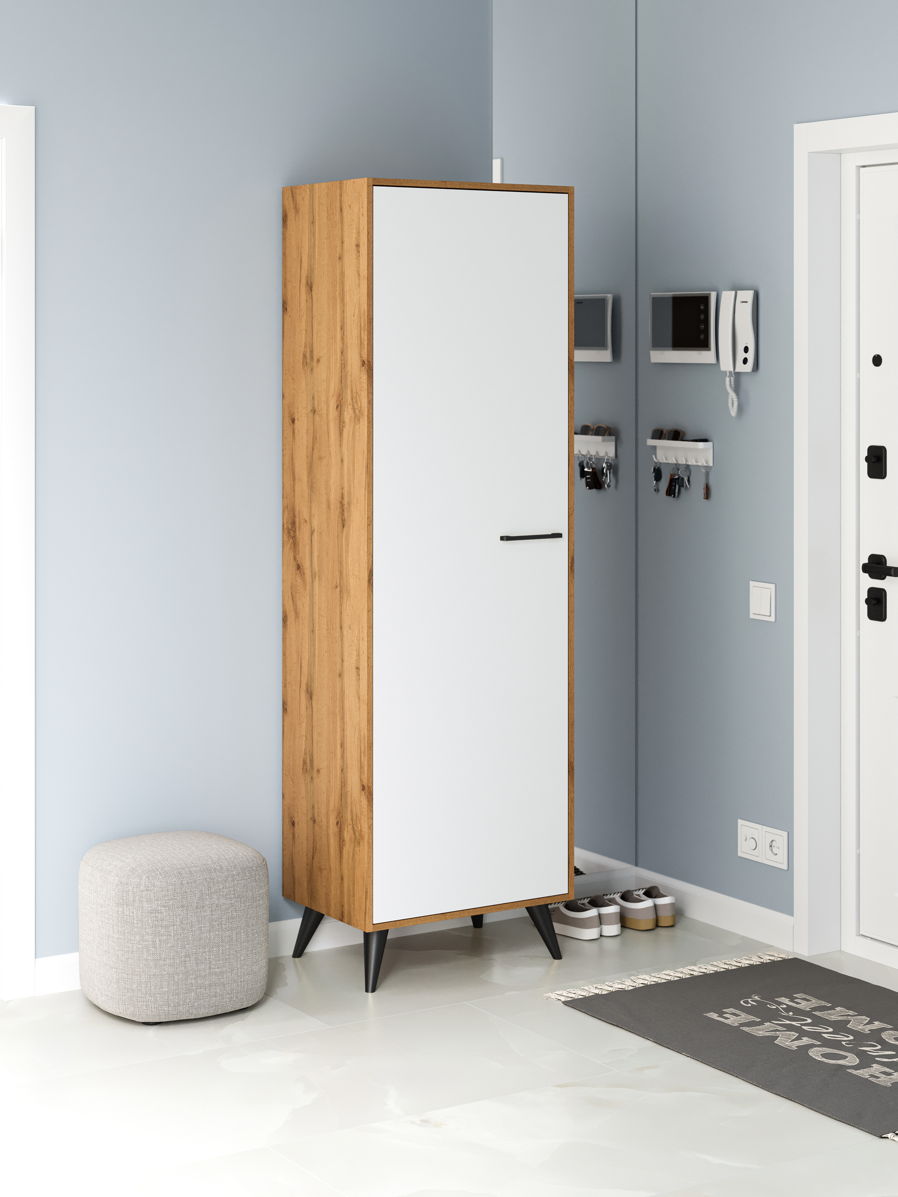 Шкаф для одежды DIWO Кострома с полками 60x193х42 см, дуб вотан, белый, ручка черная, ножка черная