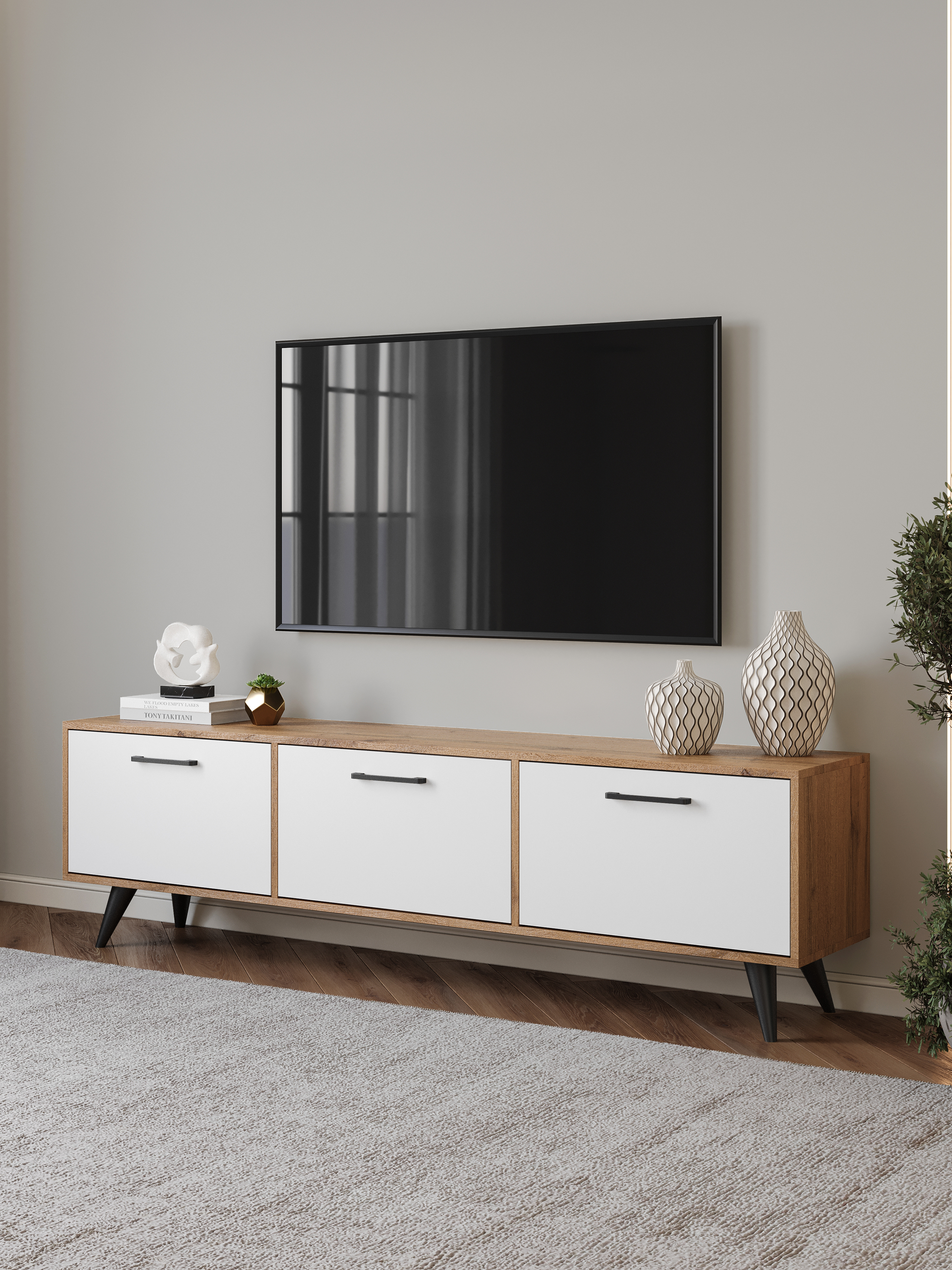 Тумба под телевизор DIWO Кострома 180х51х35 см дуб вотан, белая, ручка черная, ножка черная