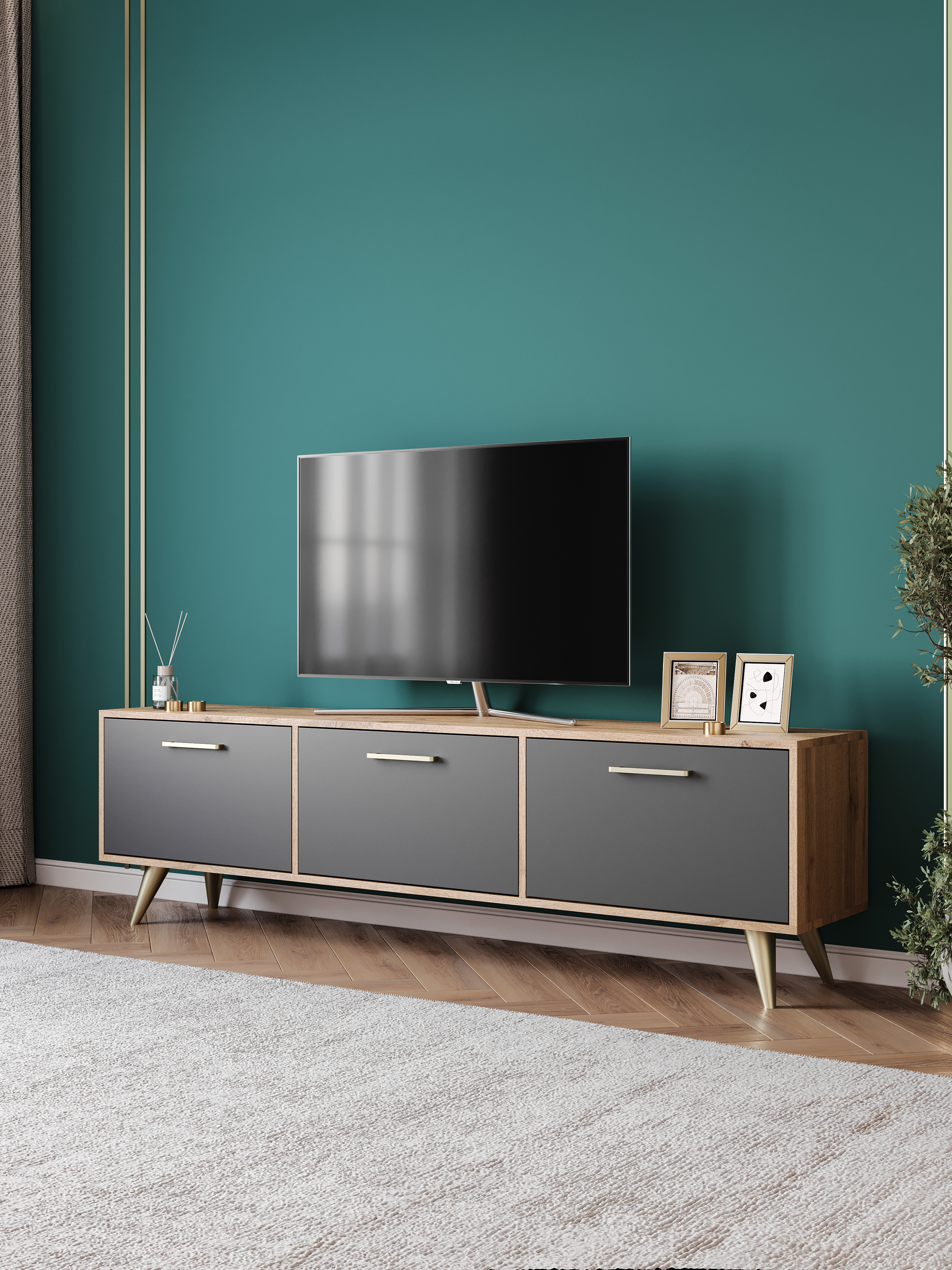 Тумба под телевизор DIWO Кострома 180х51х35 см дуб вотан, антрацит, ручка золото, ножка золото