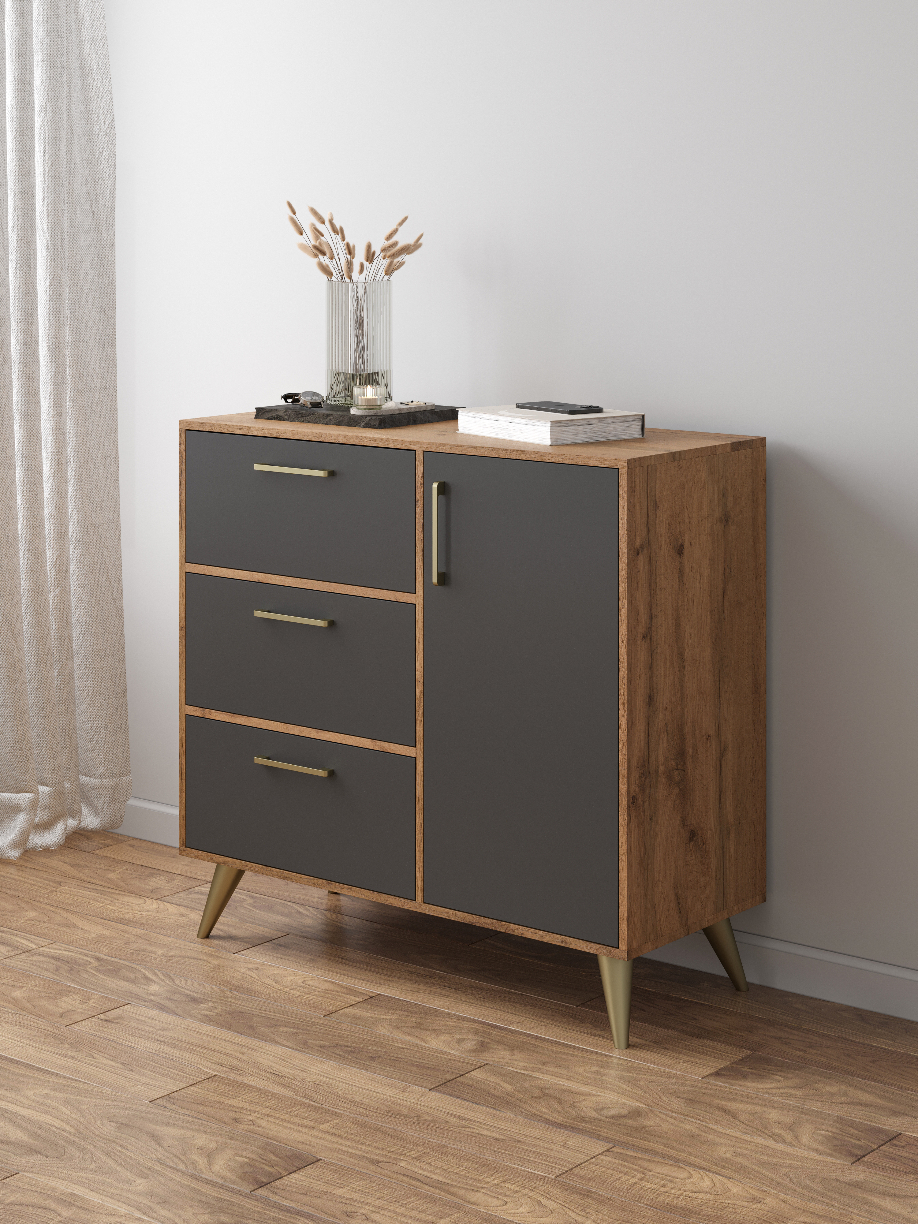 Комод DIWO Кострома 100х95х42 см антрацит, дуб вотан, ручка золото, ножка золото