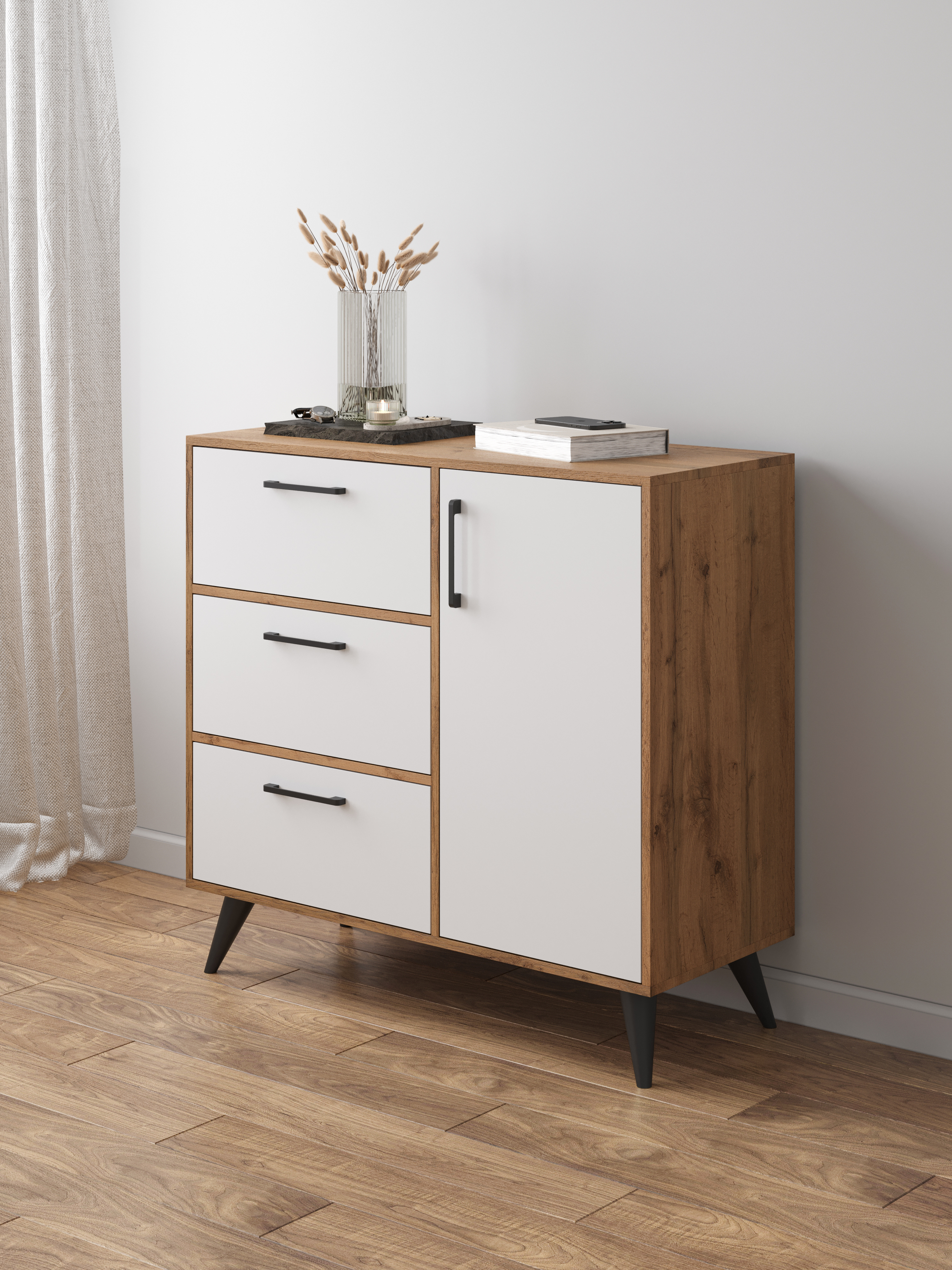 Комод DIWO Кострома 100х95х42 см белый, дуб вотан, ручка черная, ножка черная