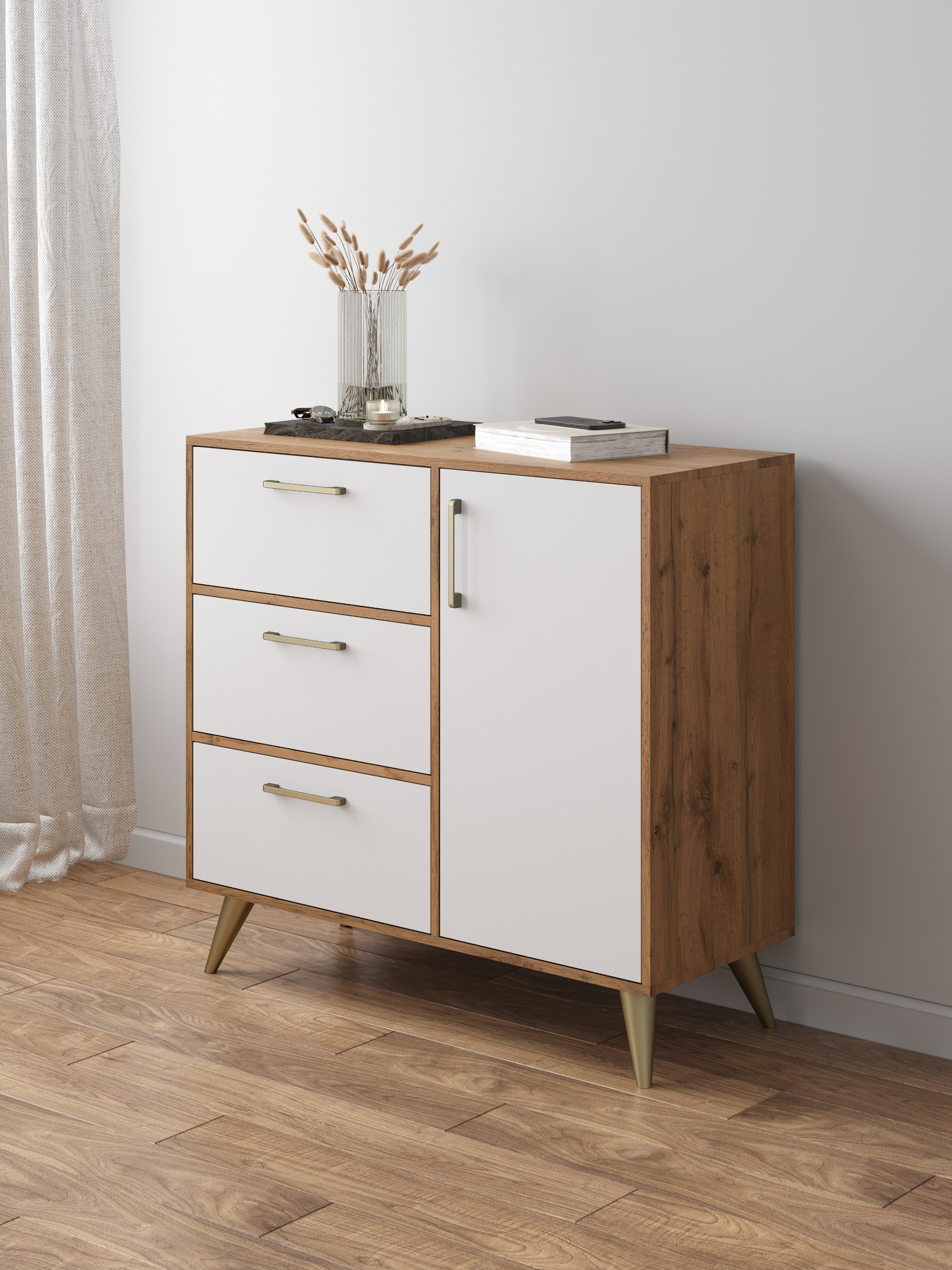 Комод DIWO Кострома 100х95х42 см белый, дуб вотан, ручка золото, ножка золото