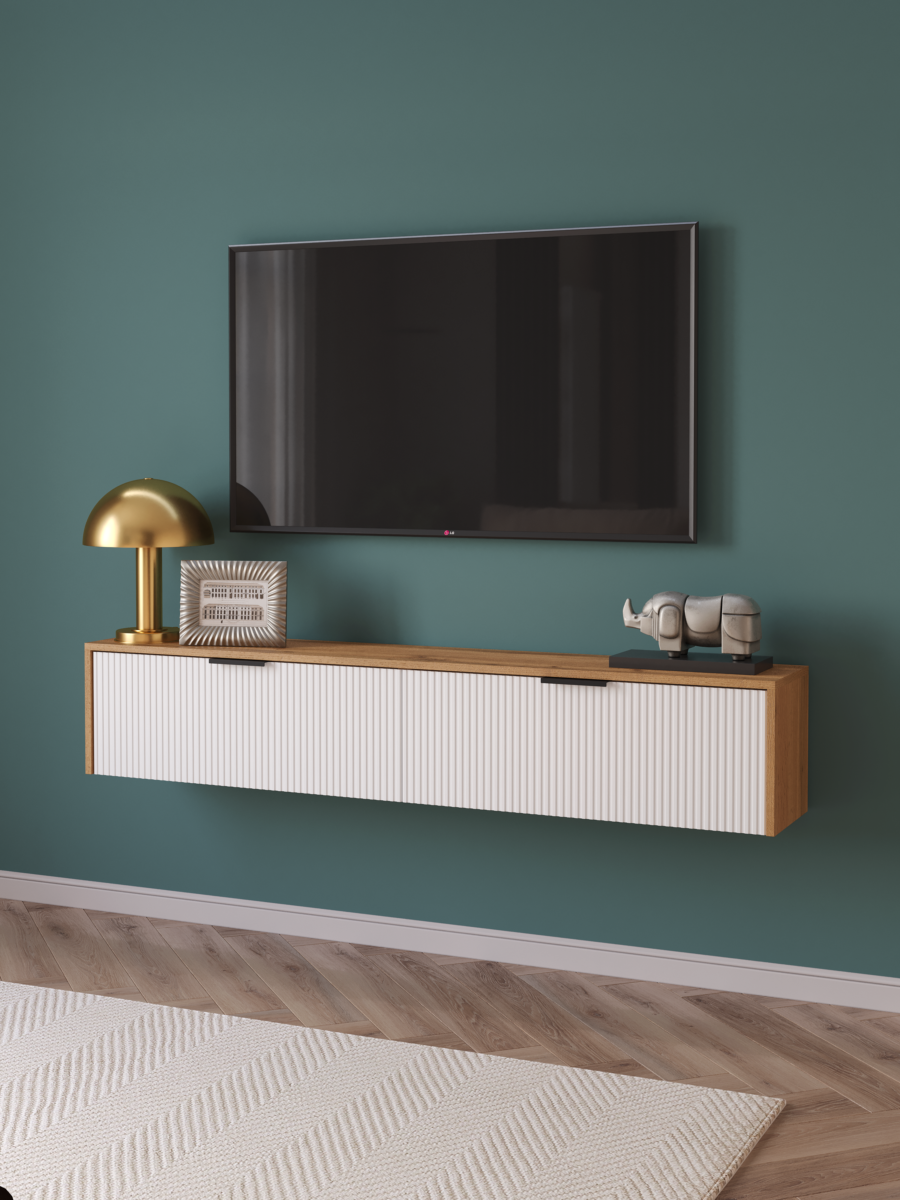 Тумба под телевизор DIWO Краснодар подвесная 160x27x30 белый, дуб вотан, ручка черная