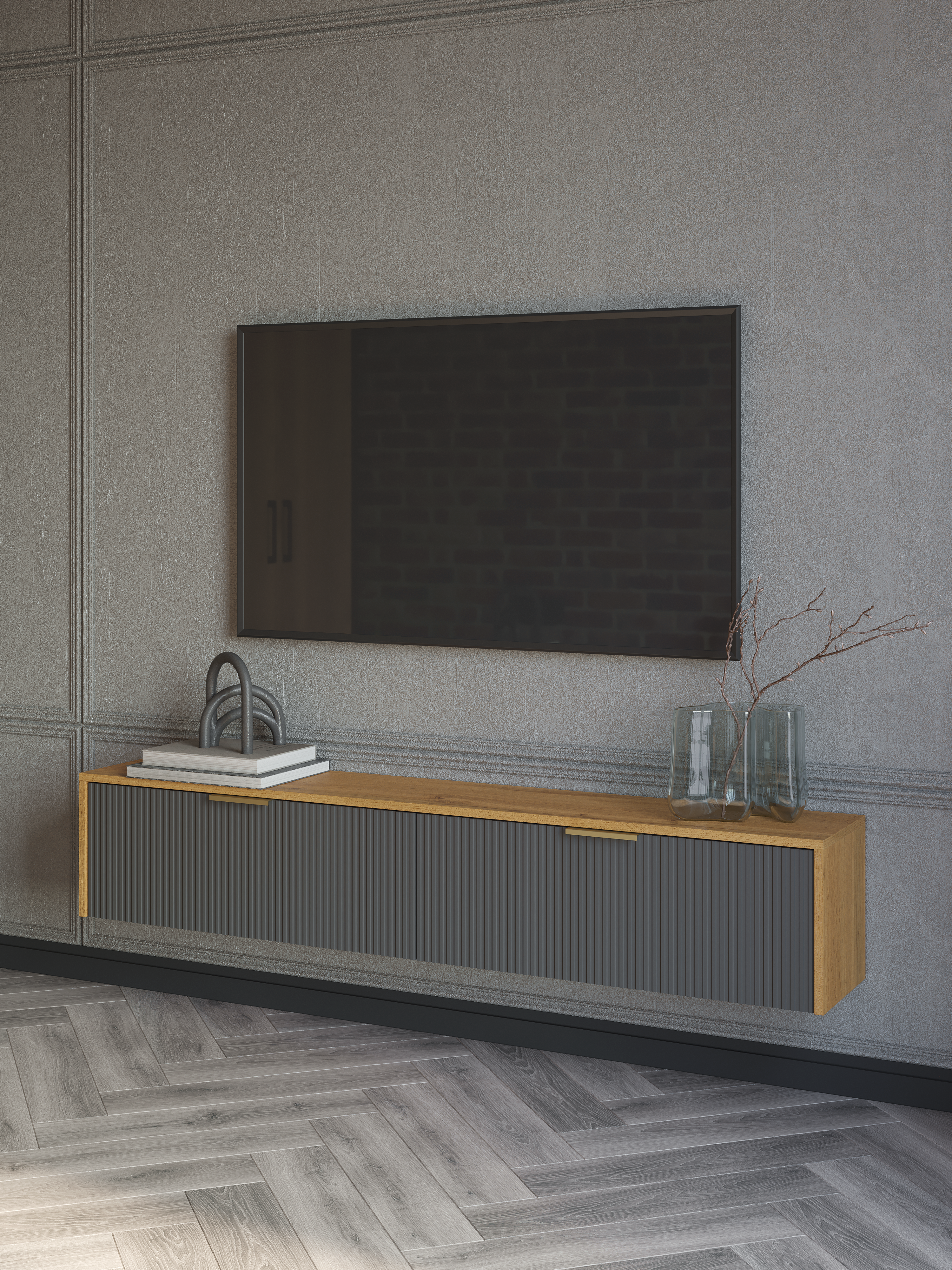 Тумба под телевизор DIWO Краснодар подвесная 160x27x30 антрацит, дуб вотан, ручка золото