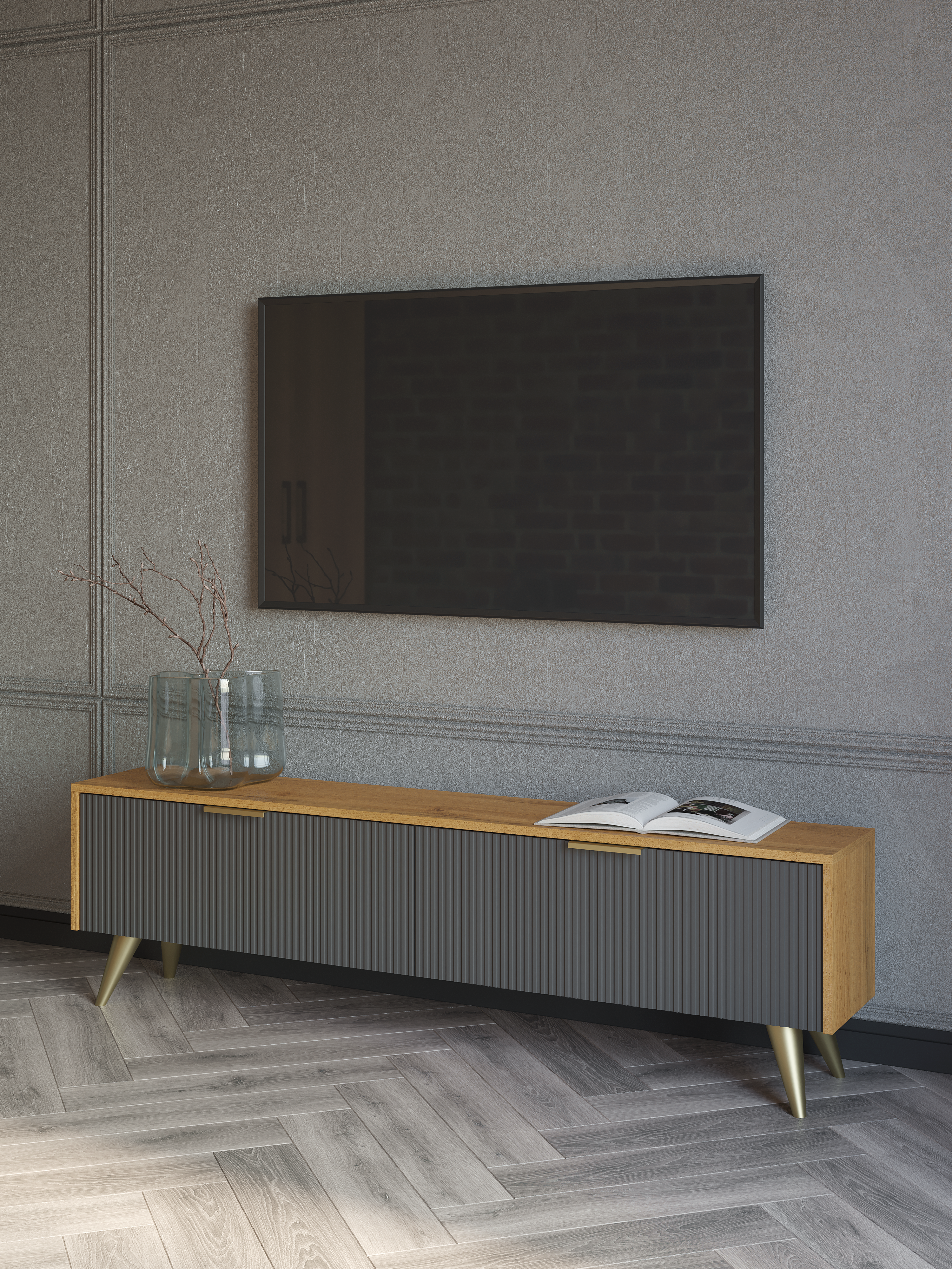 Тумба под телевизор DIWO Краснодар напольная 160x45x27 антрацит, дуб вотан,  ручка золото