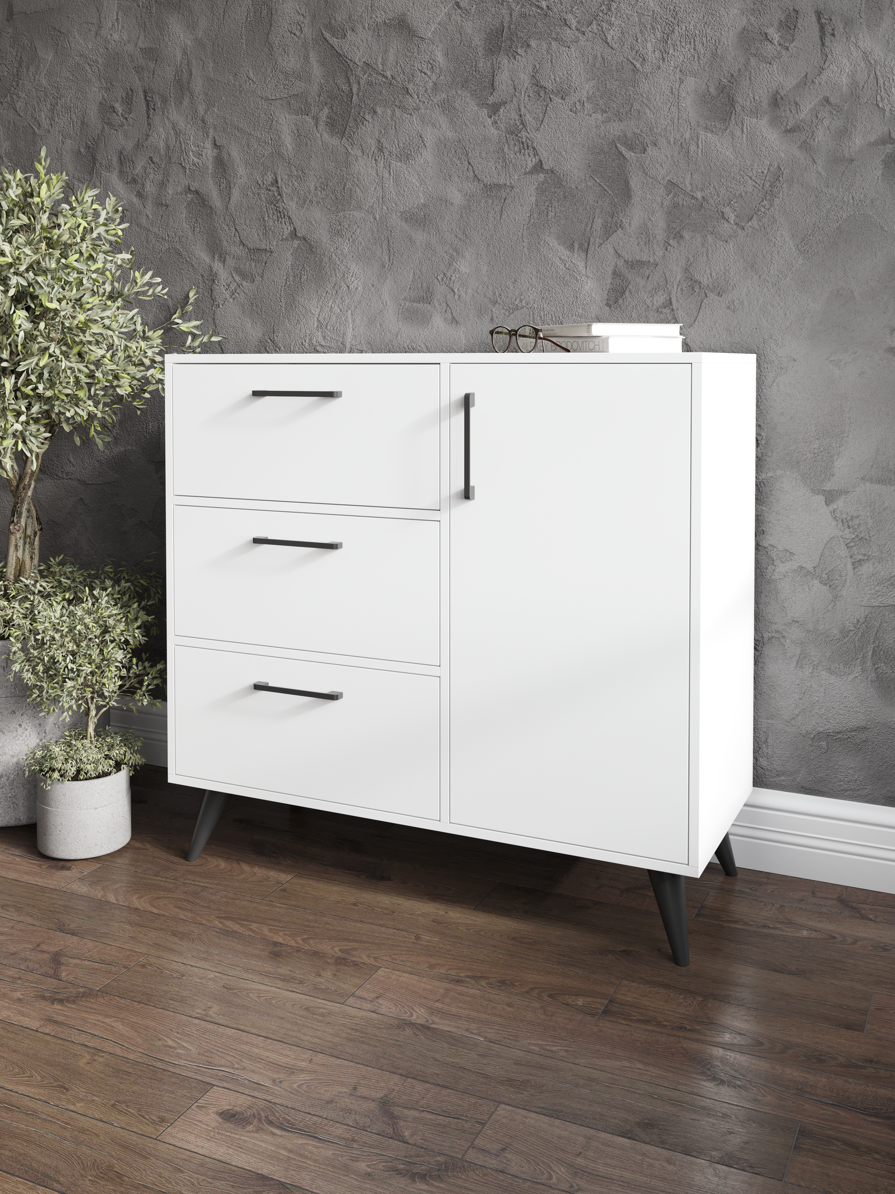 Комод DIWO Кострома 100x95x42 см белый, ручка черная, ножка черная