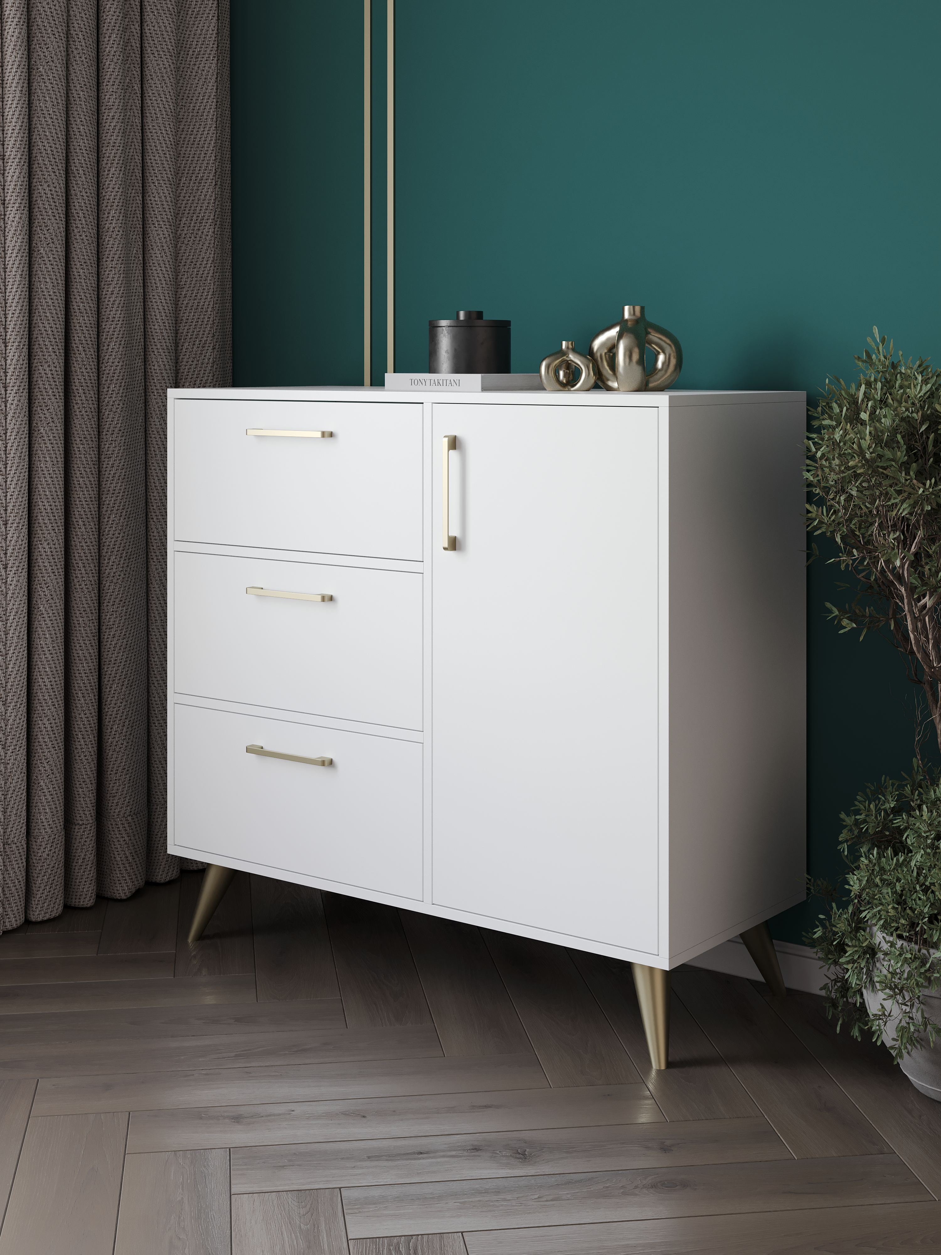 Комод DIWO Кострома 100x95x42 см белый, ручка золото, ножка золото