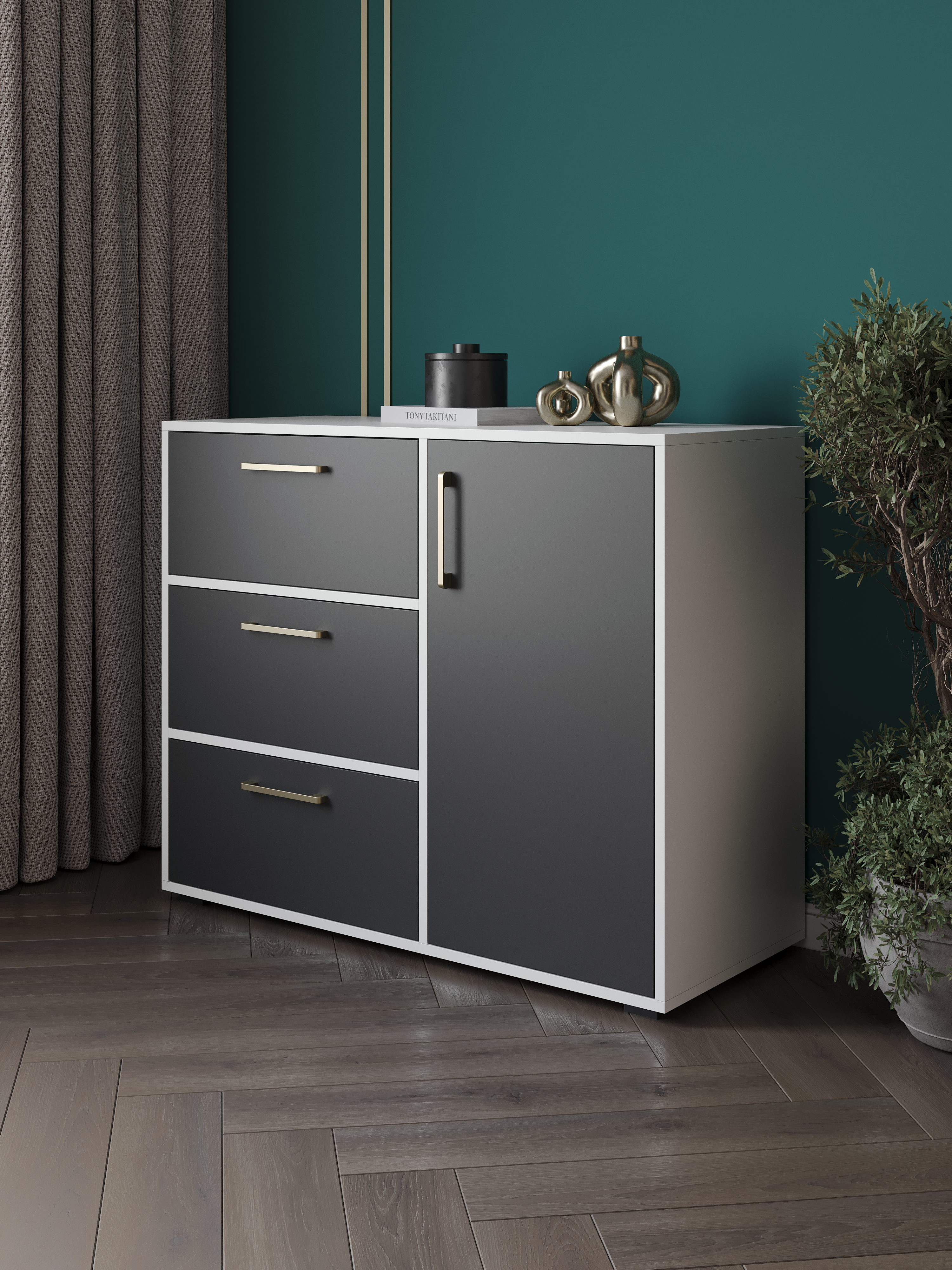 Комод DIWO Кострома 100х82х42 см белый, антрацит, ручка золото