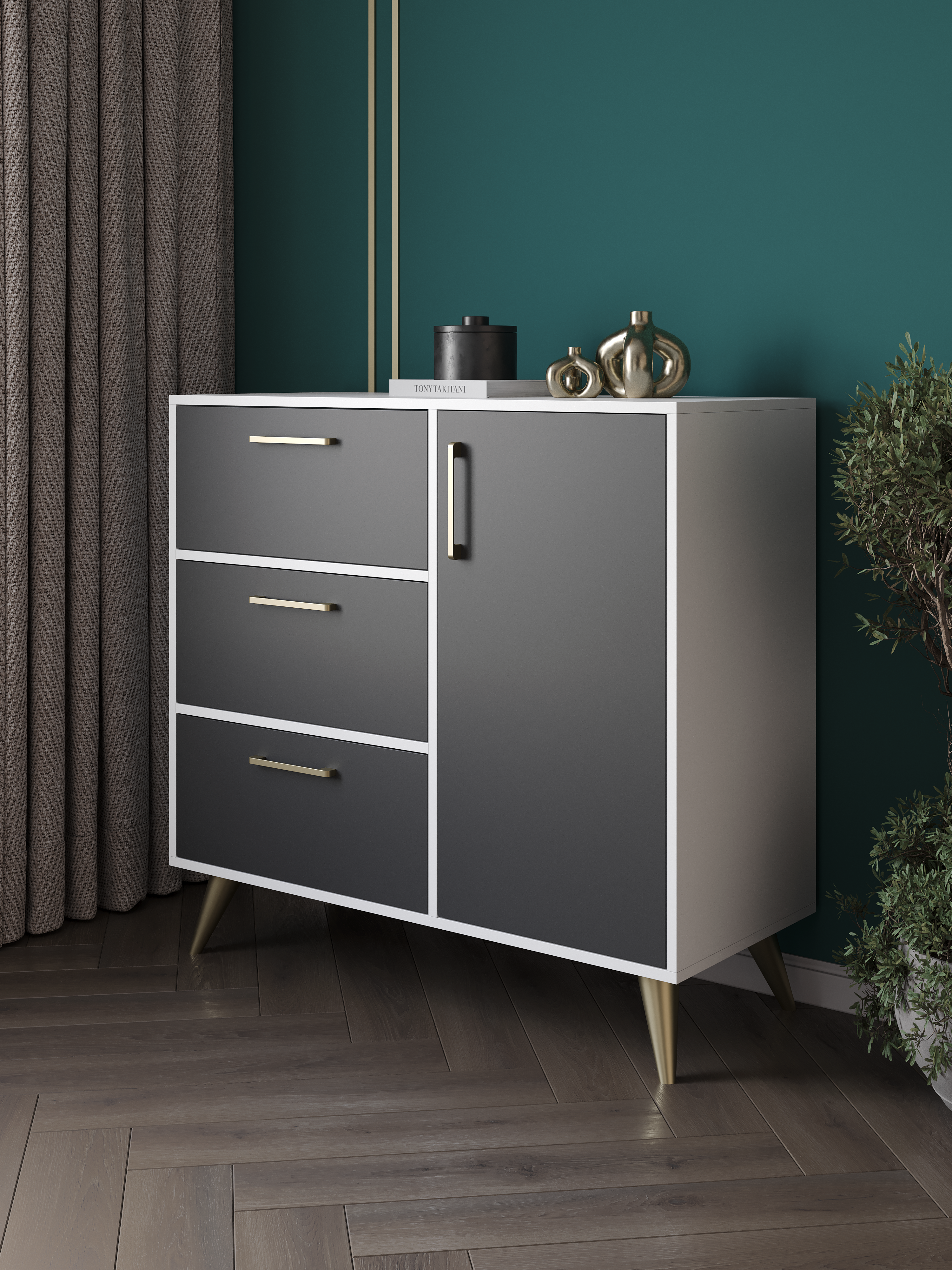 Комод DIWO Кострома 100х95х42 см белый, антрацит, ручка золото, ножка золото