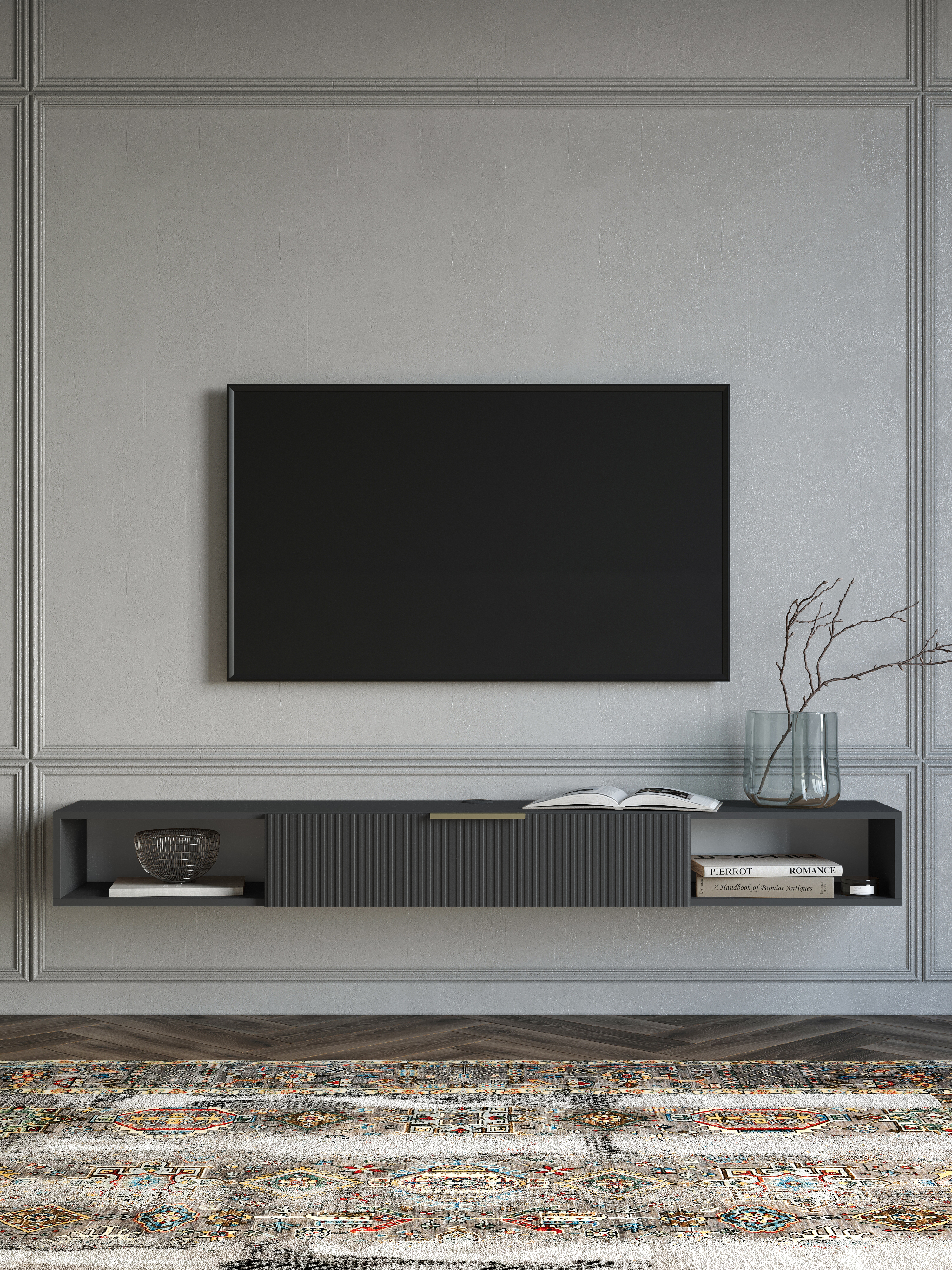 Тумба под телевизор DIWO Краснодар подвесная 180x20x30, см антрацит, ручка золото