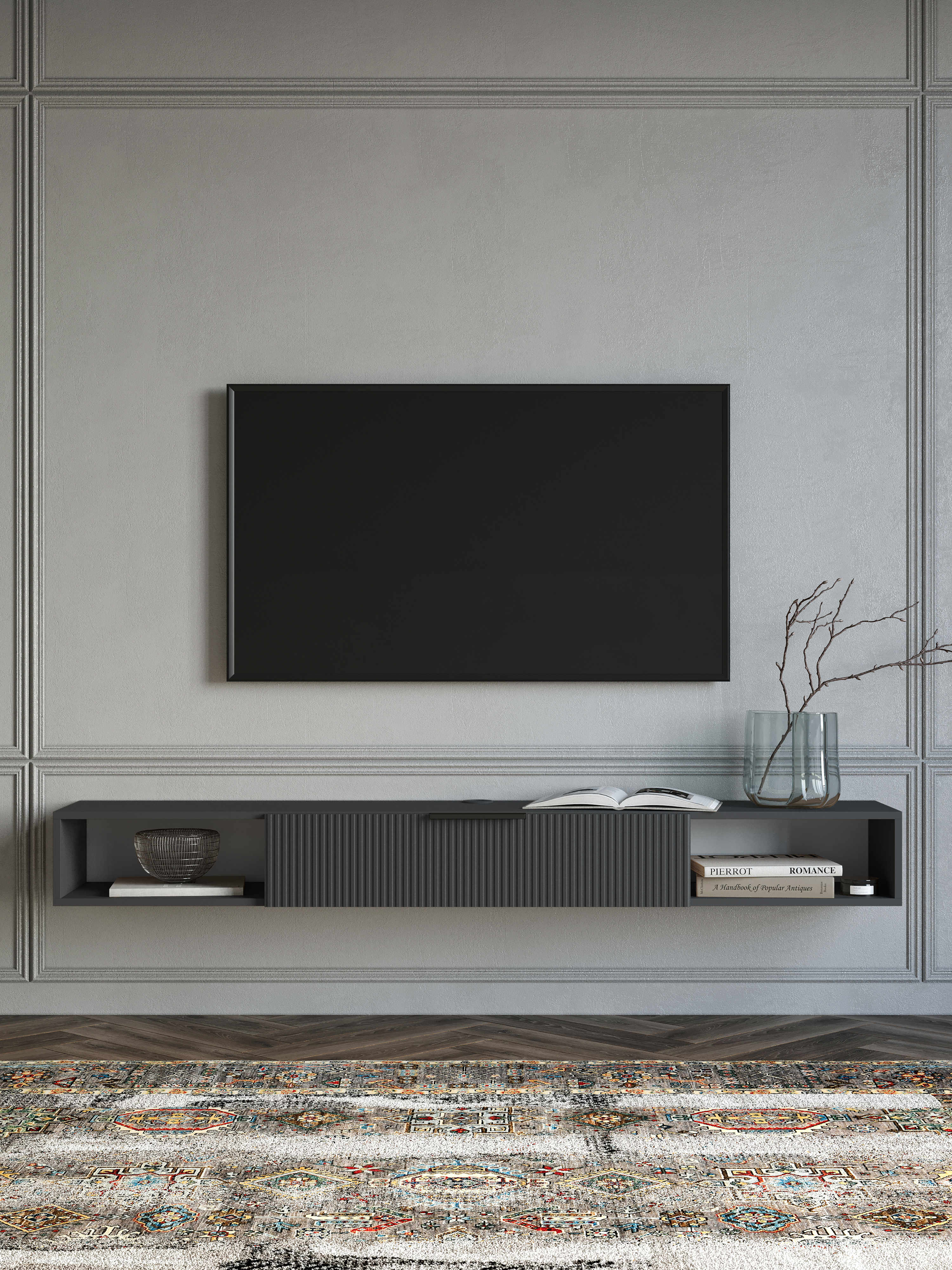 Тумба под телевизор DIWO Краснодар подвесная 180x20x30, см антрацит, ручка черная