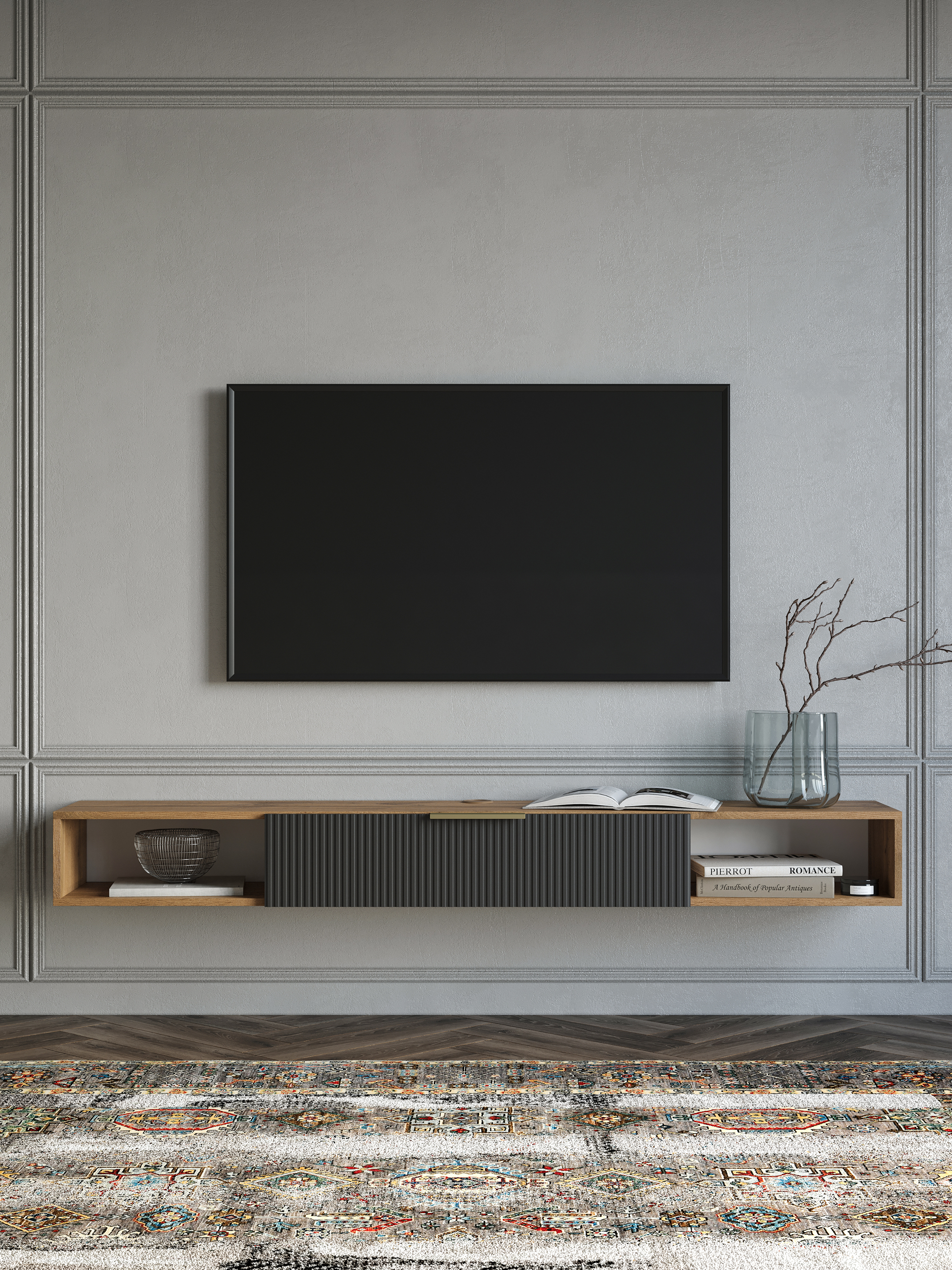 Тумба под телевизор DIWO Краснодар подвесная 180x20x30, см антрацит, дуб вотан, ручка золото