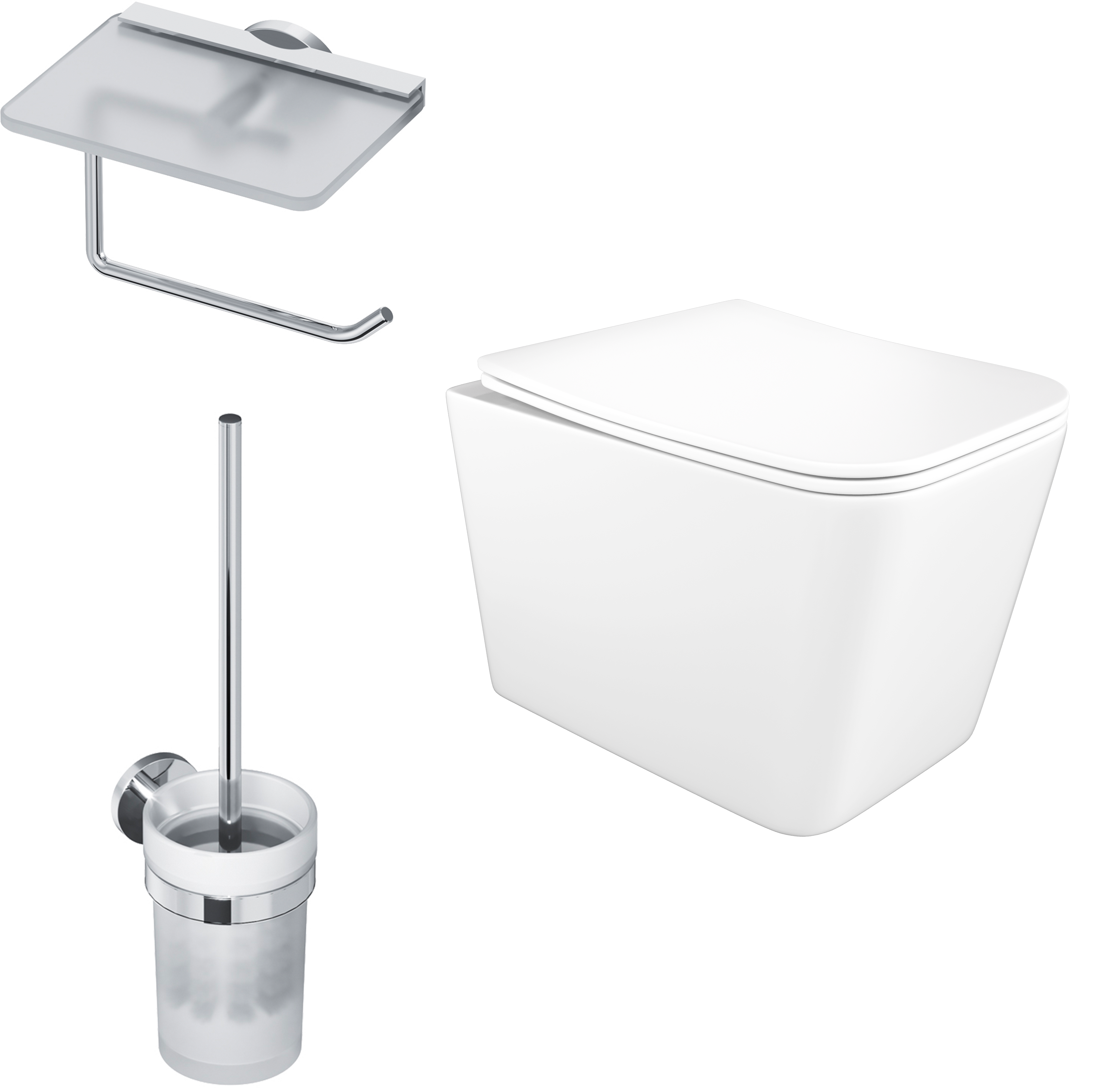 Комплект 3 в 1 Унитаз подвесной STWORKI Молде S23401WH безободковый, с микролифтом, антивсплеск + Держатель AM.PM X-Joy A85A341500 с полкой для телефона, хром + Ершик A85A33300 хром