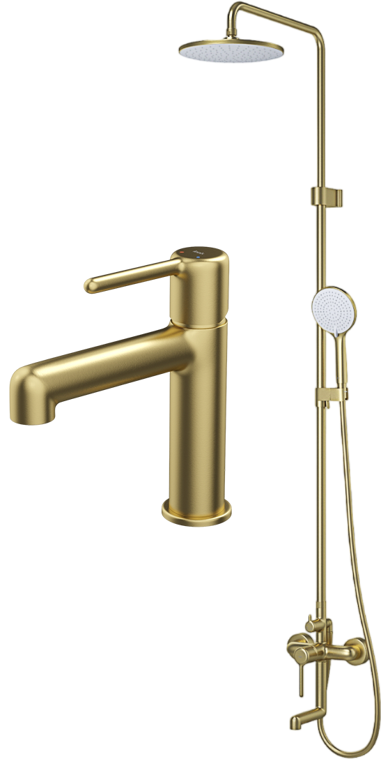 Комплект для ванной IDDIS Aiger Душевая стойка IDDIS Aiger AIGMG3Fi06 + Смеситель для раковины AIGMG00i01, золотой матовый