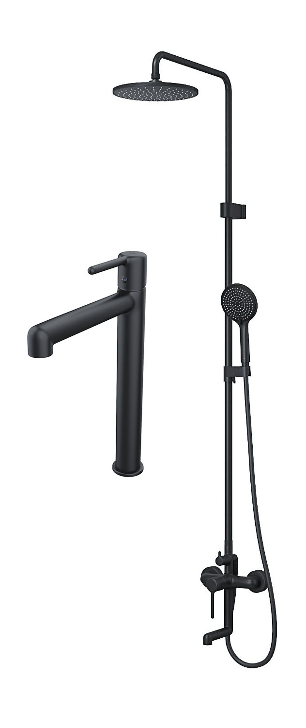Комплект для ванной IDDIS Aiger Душевая стойка IDDIS Aiger AIGBL3Fi06 + Смеситель для раковины AIGBL01i01, черный матовый