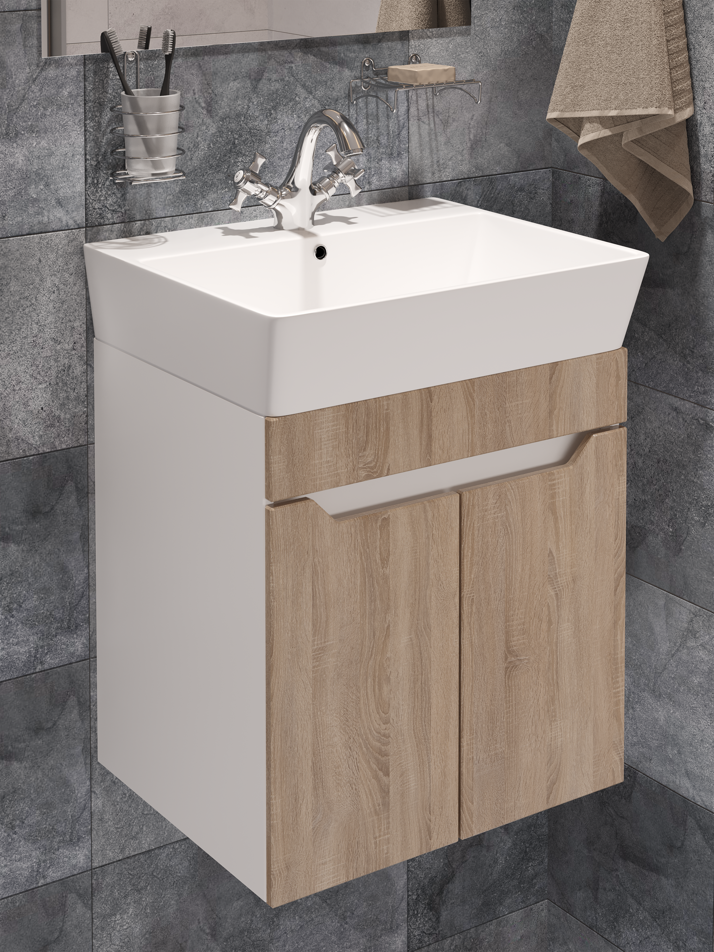 Тумба с раковиной DIWO Архангельск 50 подвесная, белая, сонома