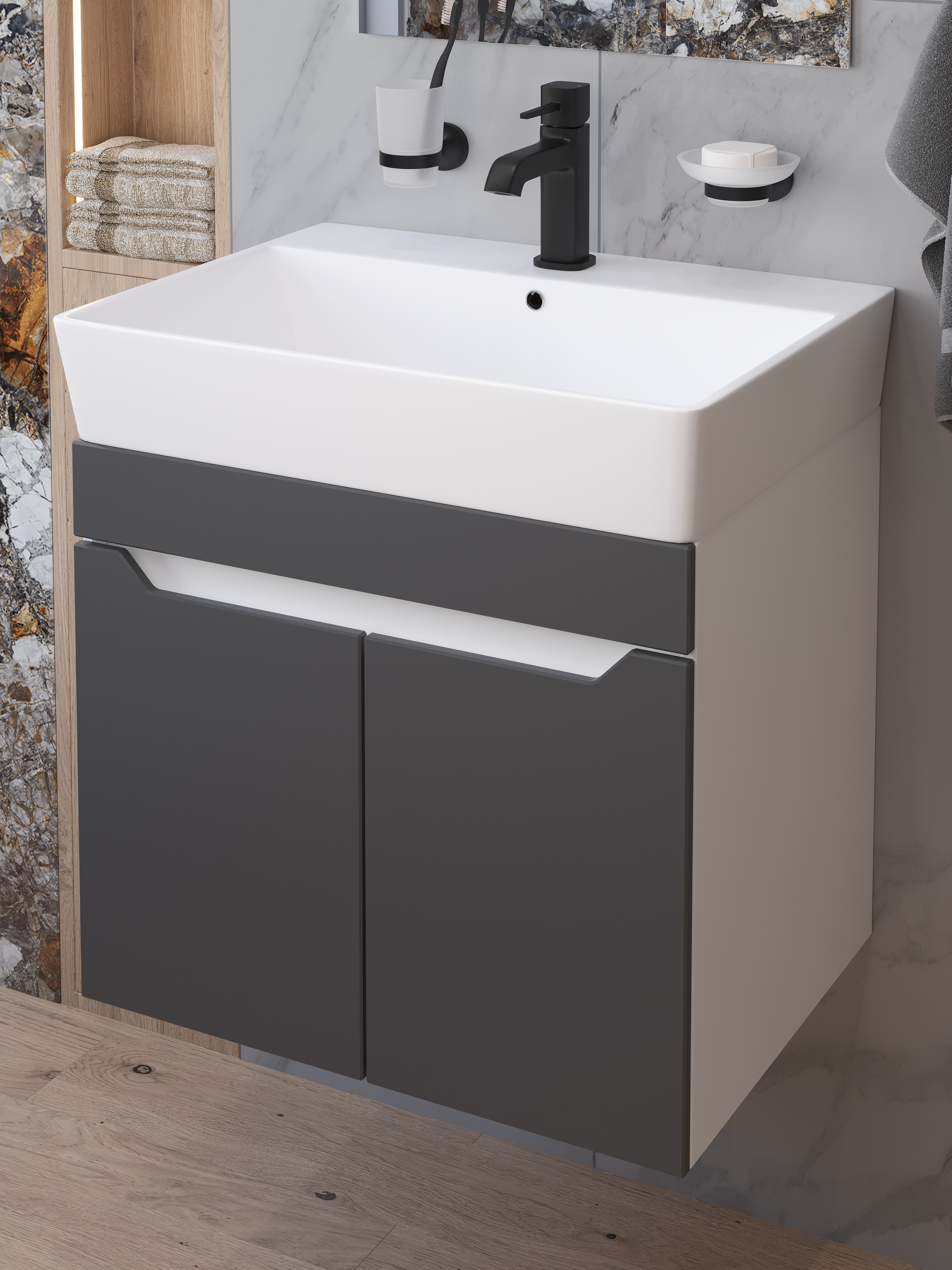 Тумба с раковиной DIWO Архангельск 60 подвесная, белая, антрацит