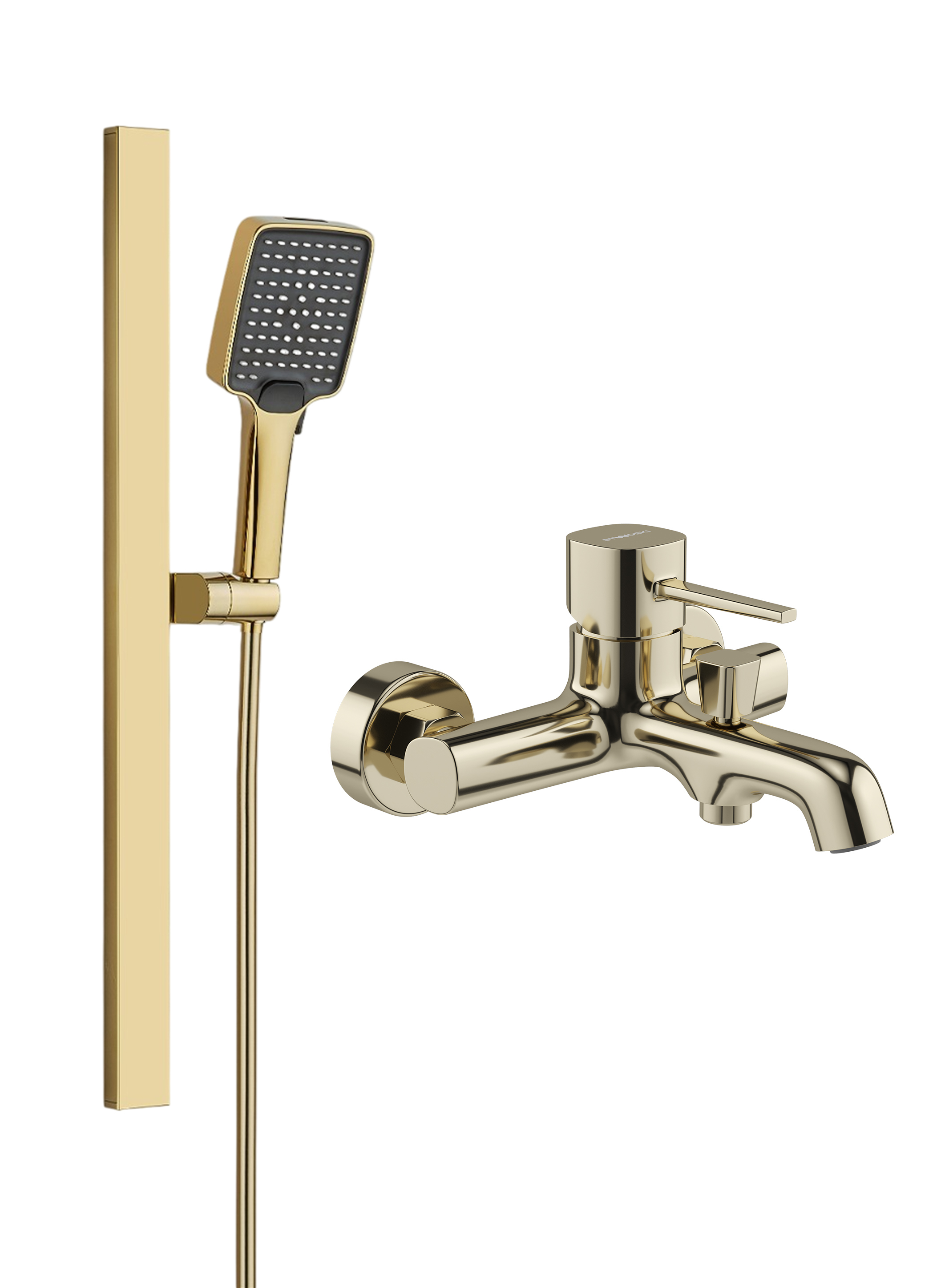 Смеситель для ванны с душем STWORKI Эстерсунд S31100GG + Душевой гарнитур Ольборг S20190GG, глянцевое золото