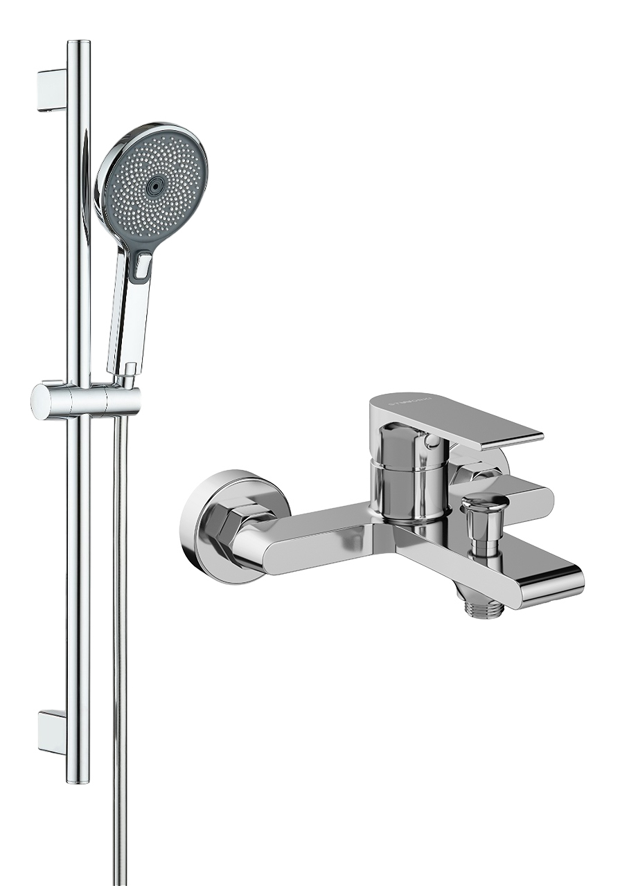 Смеситель для ванны с душем STWORKI Колдинг S32100CR + Душевой гарнитур Гётеборг S03190CR, хром