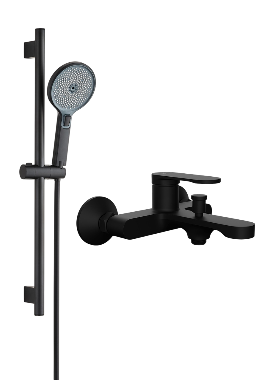 Смеситель для ванны с душем STWORKI Ноттвиль S34100BK + Душевой гарнитур Гётеборг S03190BK, матовый черный