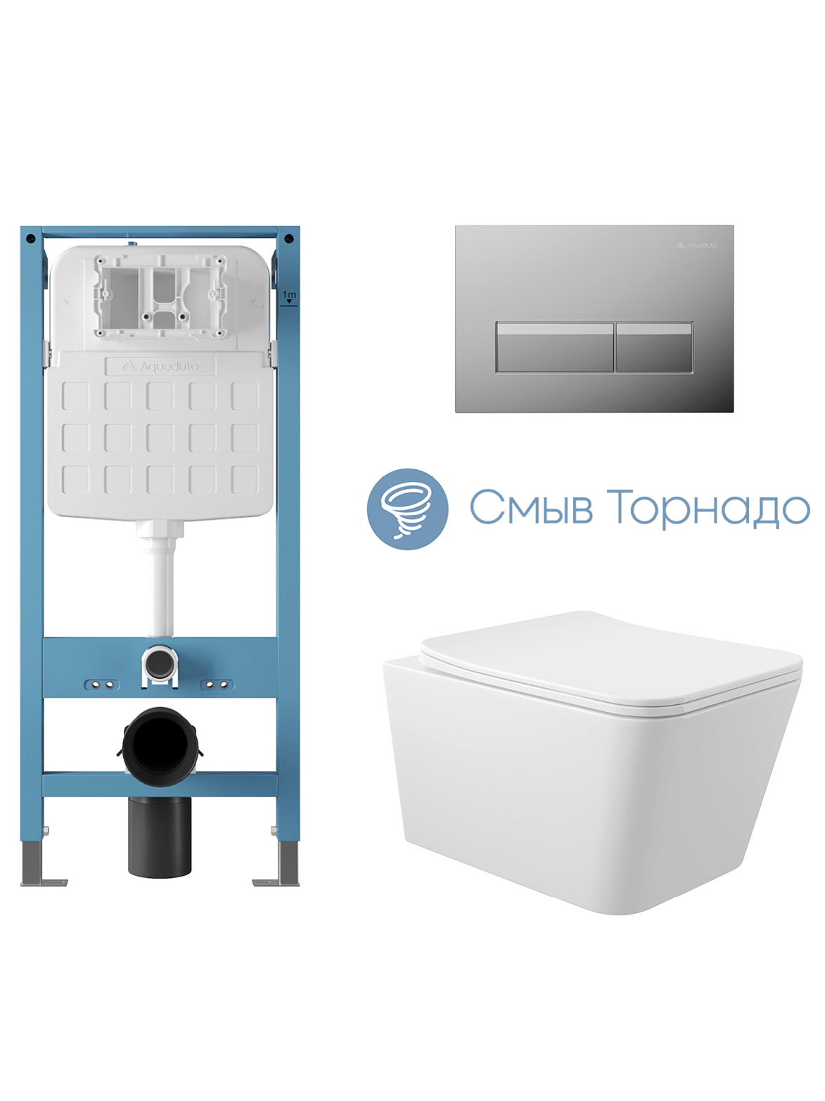 Комплект 4 в 1 Aqueduto Macio AQDS370T безободковый, с микролифтом, RETANGULO Novo кнопка смыва хром