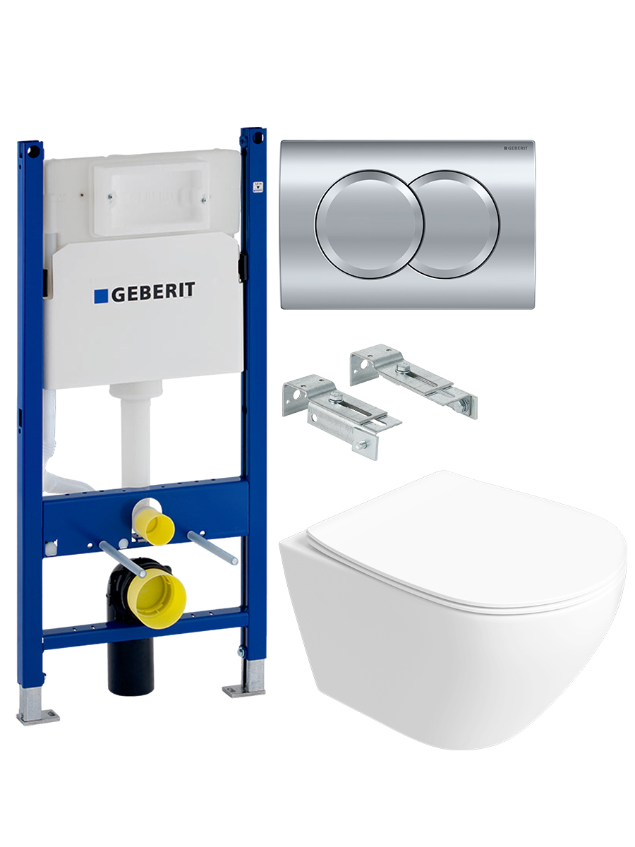 Комплект 4 в 1: Инсталляция Geberit Duofix Delta 458.149.21.2 + Унитаз подвесной STWORKI Кронборг S28401WH + Кнопка хром + Комплект креплений