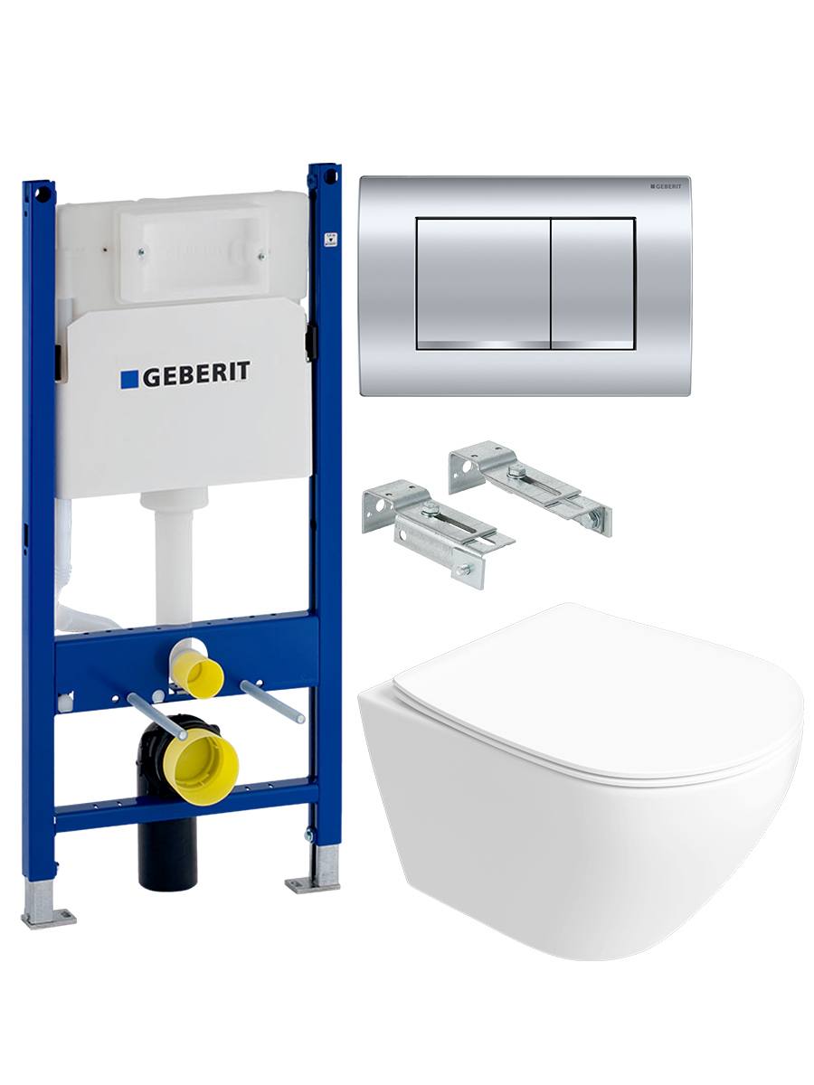 Комплект 4 в 1: Инсталляция Geberit Duofix Delta 458.163.21.2 + Унитаз подвесной STWORKI Кронборг S28401WH + Кнопка хром + Комплект креплений