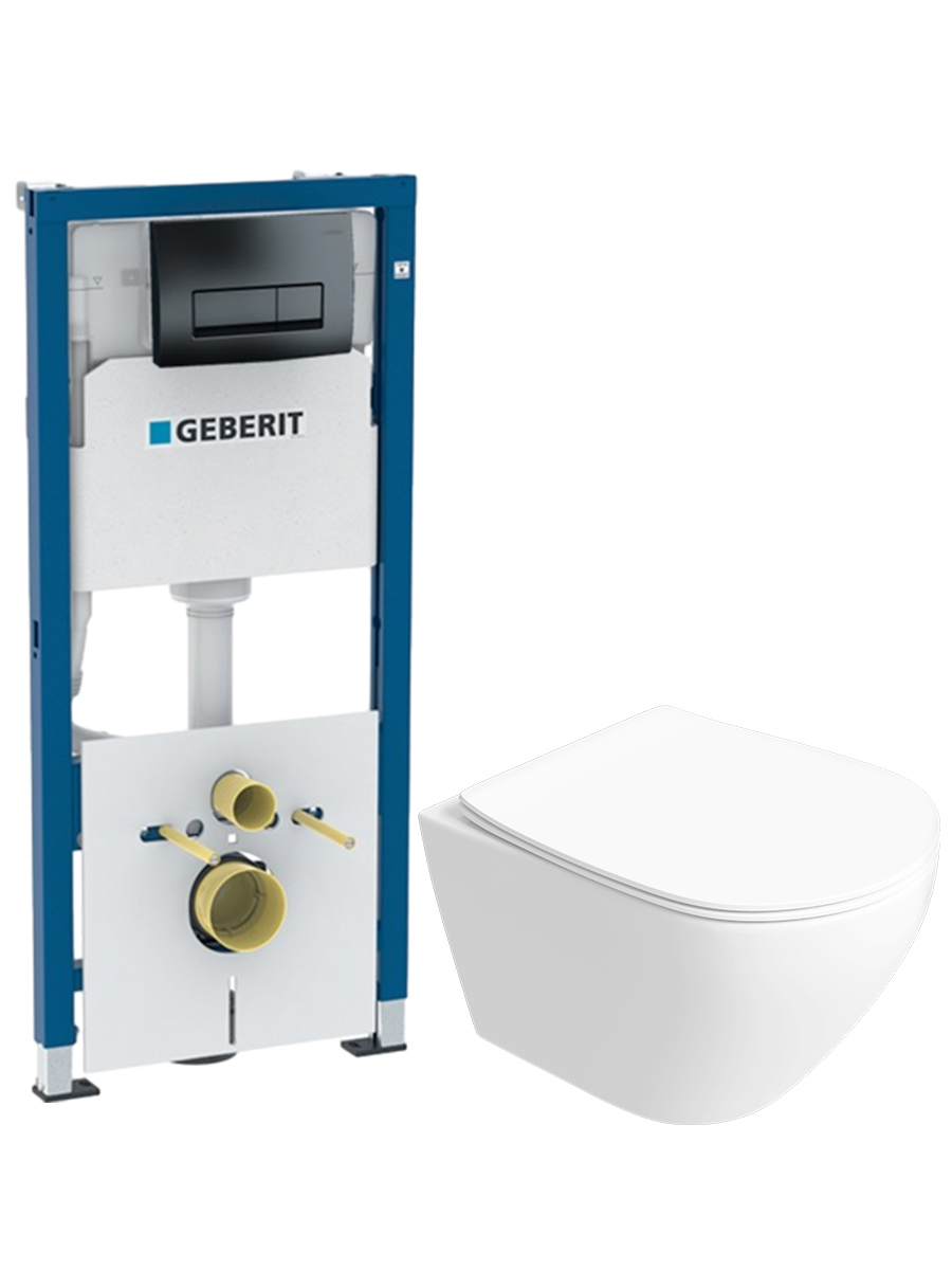 Комплект 4 в 1: Инсталляция Geberit Delta 50 458.128.DW.1 + Унитаз подвесной STWORKI Кронборг S28401WH + Кнопка черная + Комплект шумоизоляции, креплений