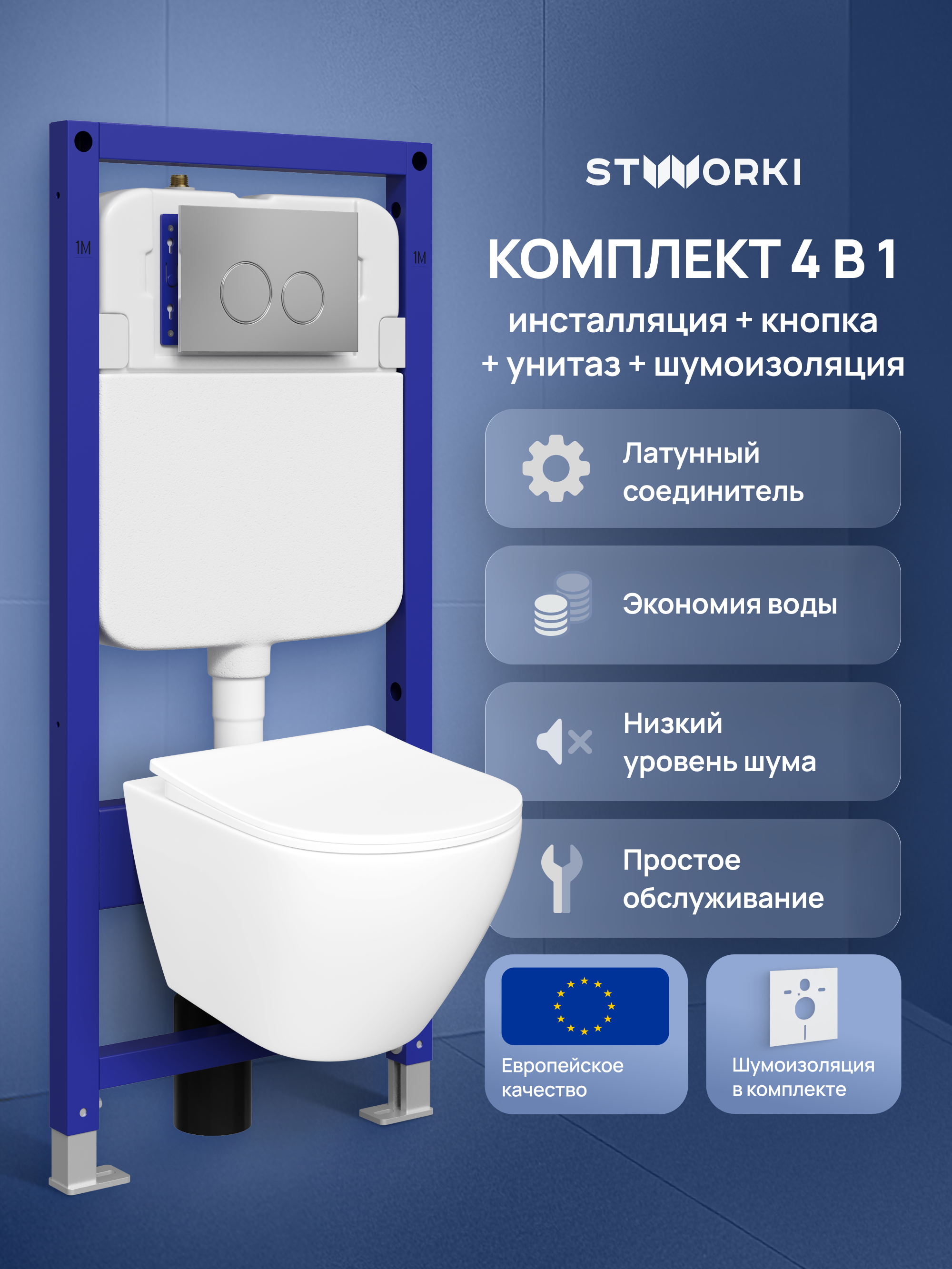 Комплект 4 в 1: Инсталляция STWORKI Хельсинки S33500CR + Унитаз подвесной STWORKI Кронборг S28401WH безободковый, с микролифтом, глянцевый белый, антивсплеск + Комплект шумоизоляции + Кнопка хром
