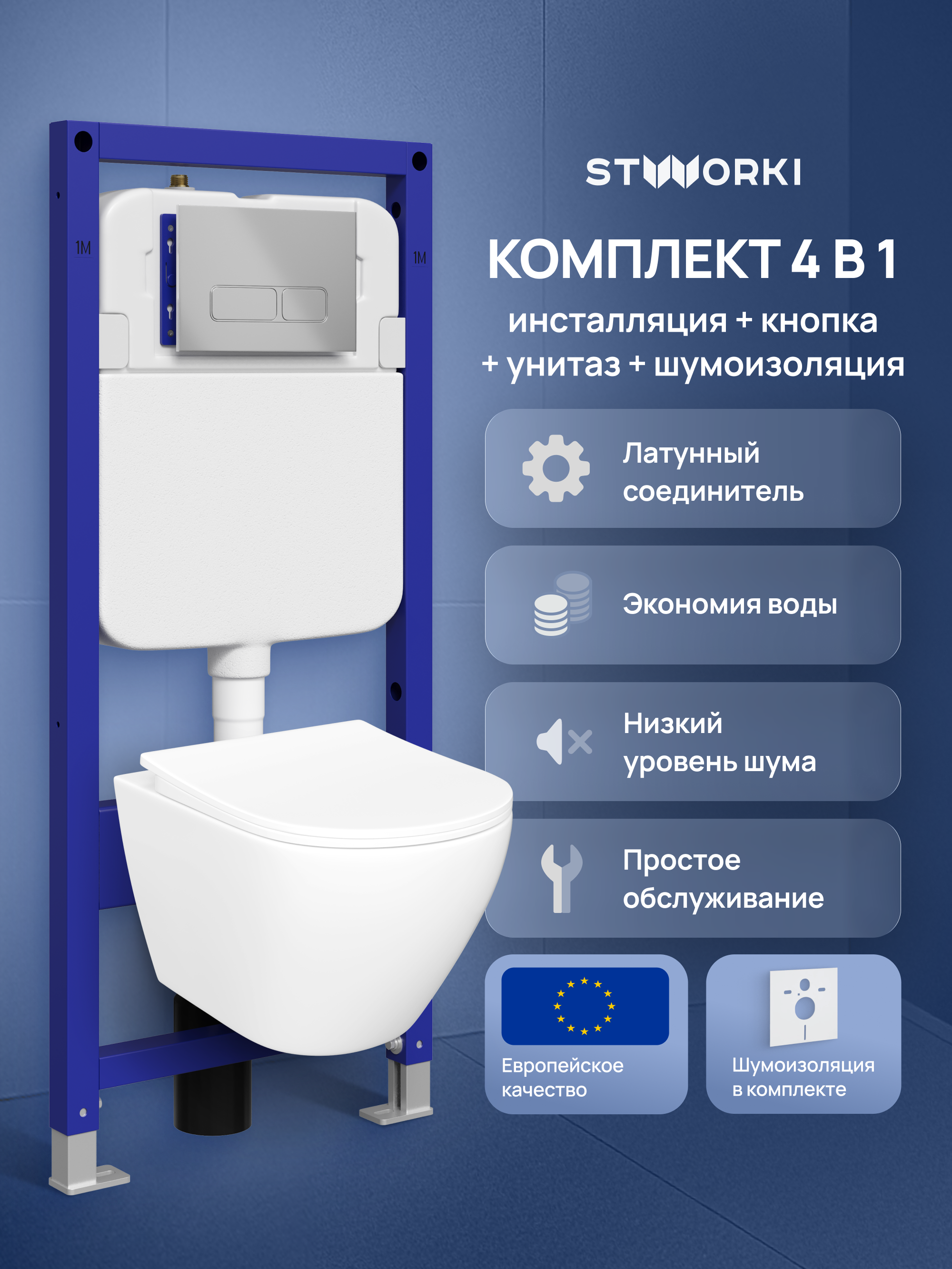 Комплект 4 в 1: Инсталляция STWORKI Кронборг S28500CR + Унитаз подвесной STWORKI Кронборг S28401WH безободковый, с микролифтом, глянцевый белый, антивсплеск + Комплект шумоизоляции + Кнопка хром