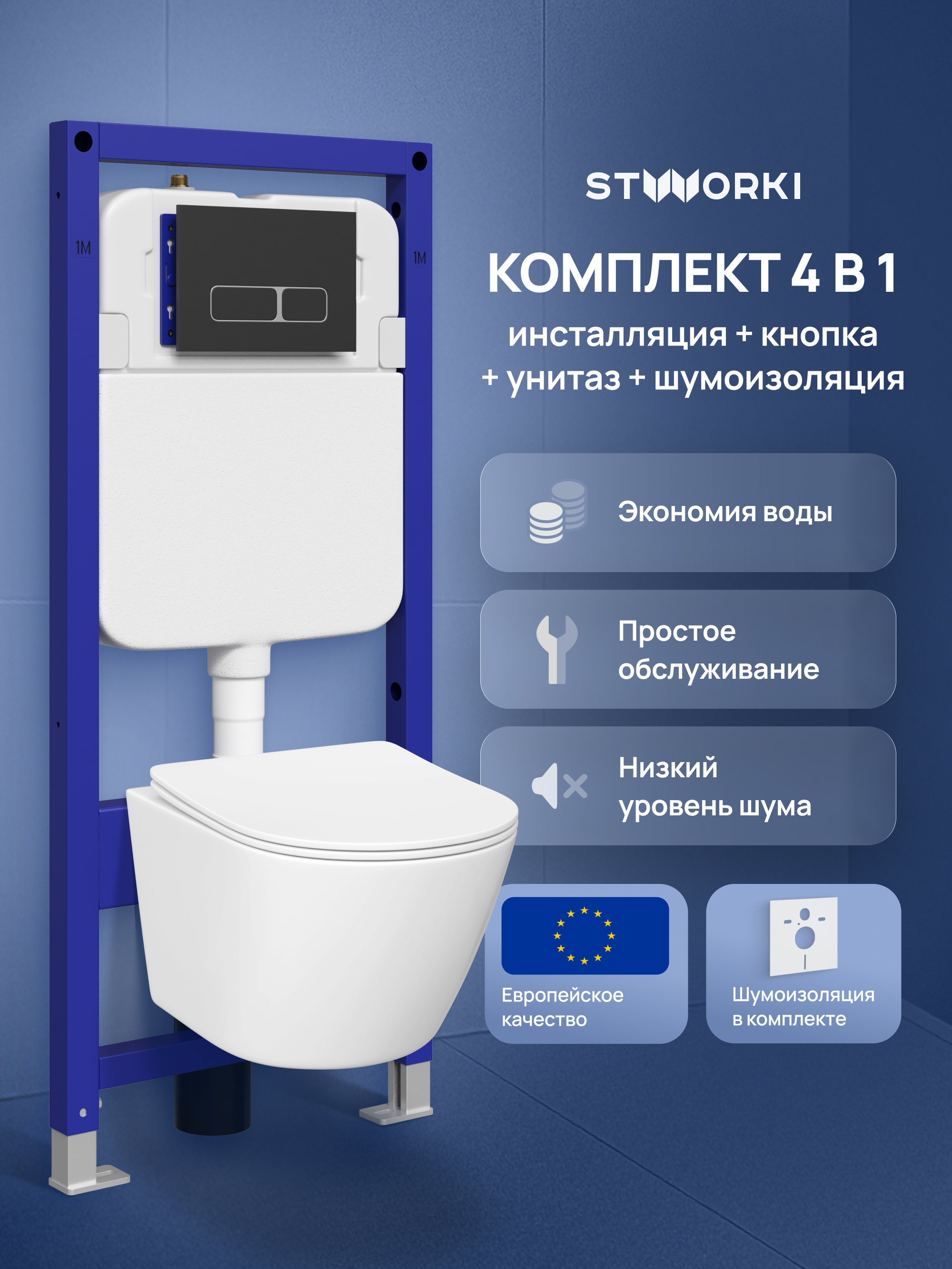 Комплект 4 в 1: Инсталляция STWORKI Кронборг S28500BK + Унитаз подвесной STWORKI Левангер S07401WH безободковый, с микролифтом, глянцевый белый, антивсплеск + Комплект шумоизоляции + Кнопка матовая черная